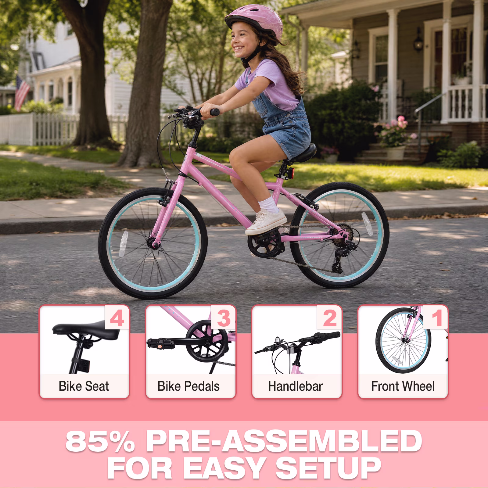 Hykolity 20-in Kid Mountain Bike 7 Speed Bicycles for Kids Bikes MTB Children Ages 8-13 Tween Fits Riders 48-60 Adjustable Seat Dual Brake Outdoor Cycling, Pink - Image 3