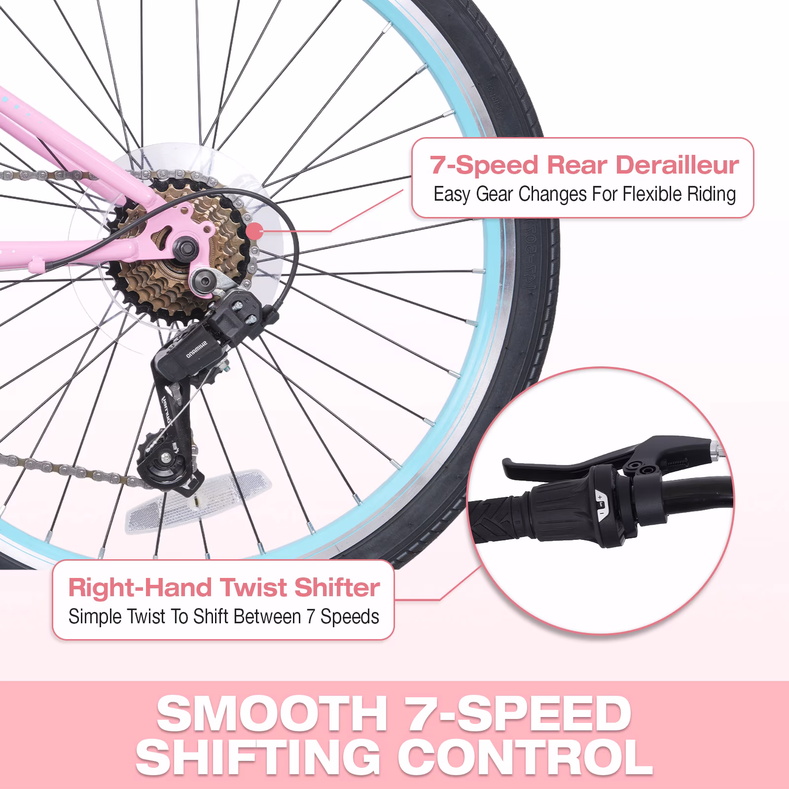 Hykolity 20-in Kid Mountain Bike 7 Speed Bicycles for Kids Bikes MTB Children Ages 8-13 Tween Fits Riders 48-60 Adjustable Seat Dual Brake Outdoor Cycling, Pink - Image 5