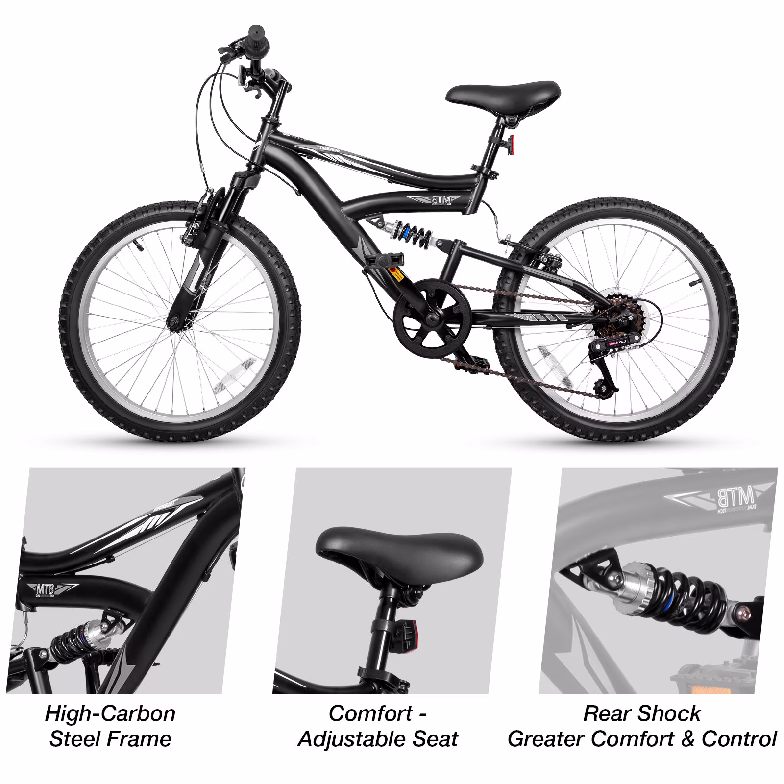 Hykolity 20 Inch Kids Mountain Bike Boys Girls Youth Bicycle For Ages 6-12 Children Bikes Dual Full Suspension Front And Rear V-Brakes 6 Speeds Drivetrain, Black - Image 4