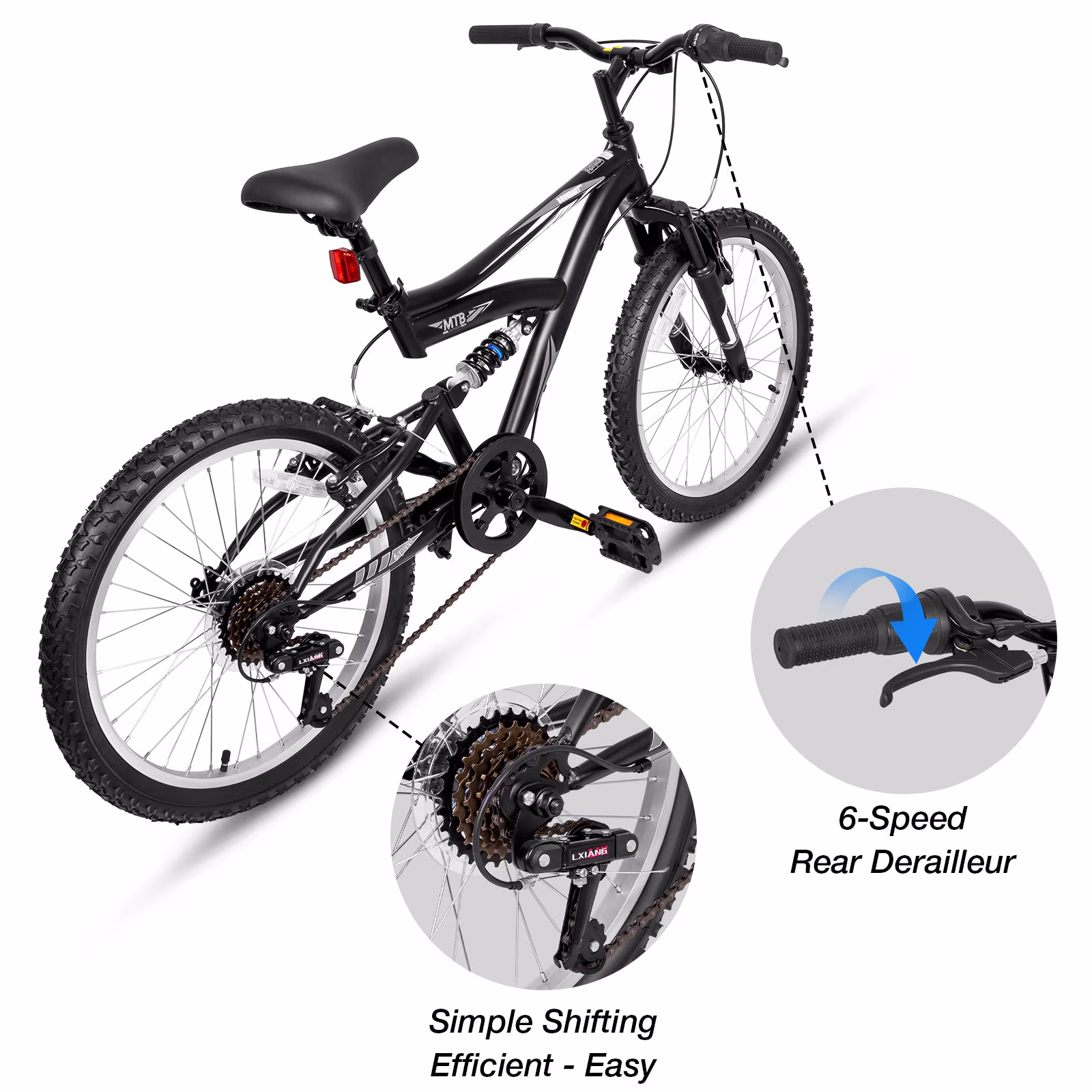Hykolity 20 Inch Kids Mountain Bike Boys Girls Youth Bicycle For Ages 6-12 Children Bikes Dual Full Suspension Front And Rear V-Brakes 6 Speeds Drivetrain, Black - Image 2