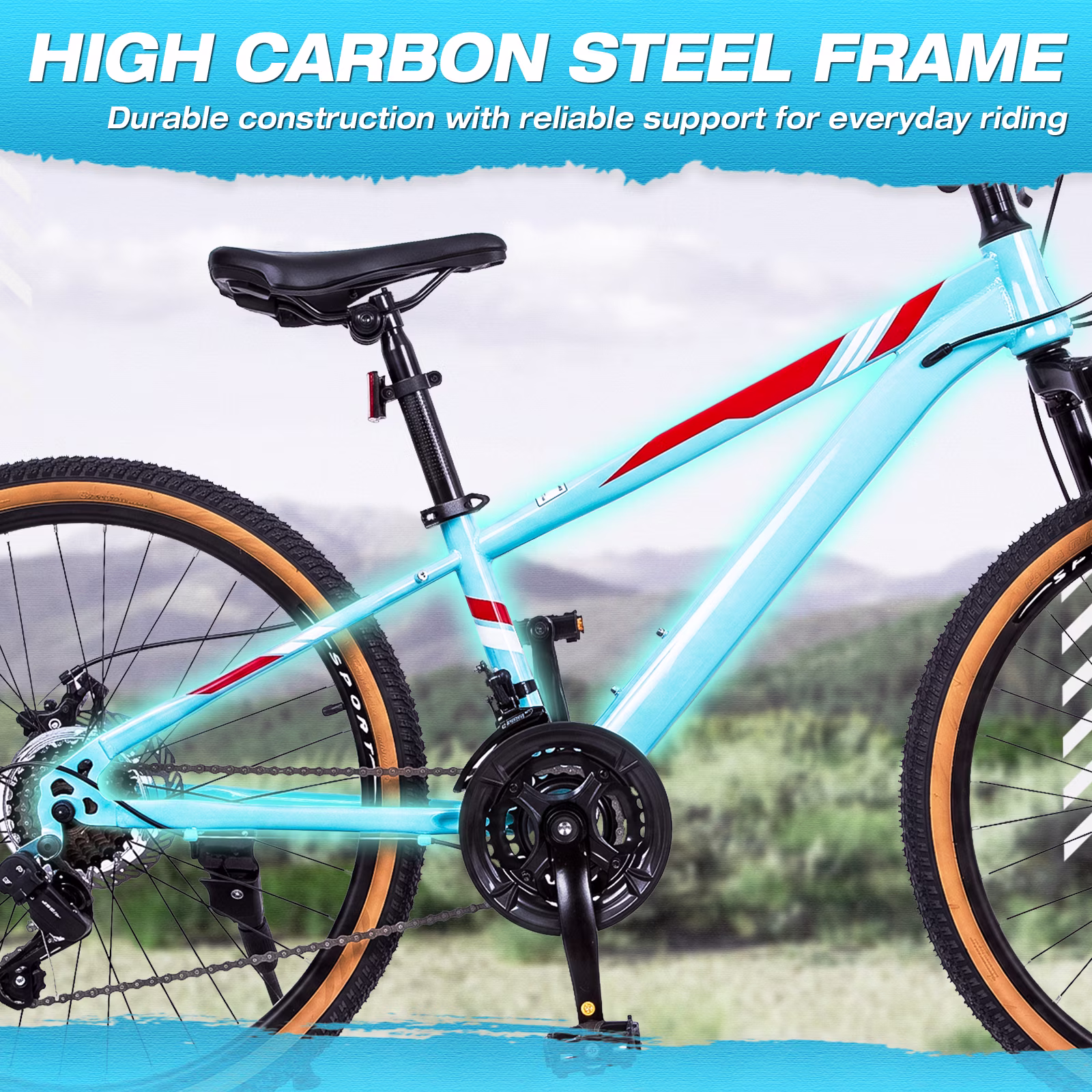 Hykolity 24 Inch Kids Mountain Bike, 21-Speed Children Teen Age 9-15 MTB Bicycle, Dual Disc Brakes, High Carbon Steel Frame Outdoor Cycling, Sky Blue - Image 2