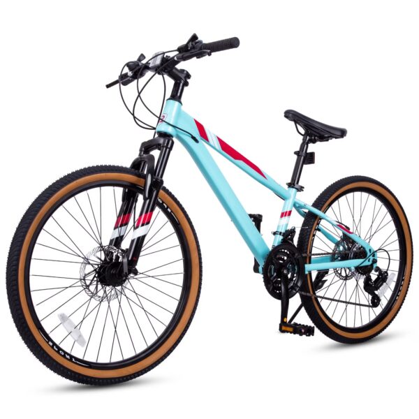 Hykolity 24 Inch Kids Mountain Bike, 21-Speed Children Teen Age 9-15 MTB Bicycle, Dual Disc Brakes, High Carbon Steel Frame Outdoor Cycling, Sky Blue