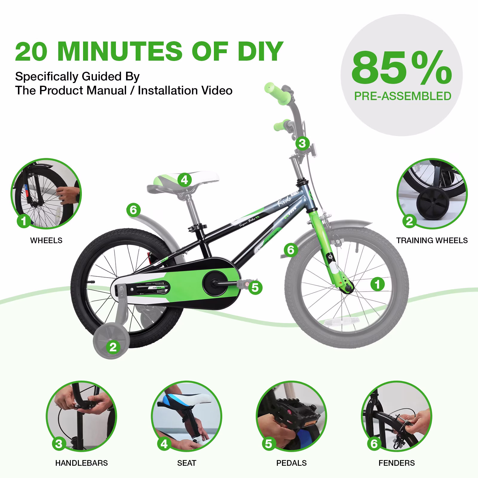 Hykolity Kids Bike, 16 Inch Children Bicycle for Boys & Girls Ages 4-6 Years Old, Rider Height 38-48 Inch, Sport Bike BMX Freestyle Handlebar Black Green - Image 3