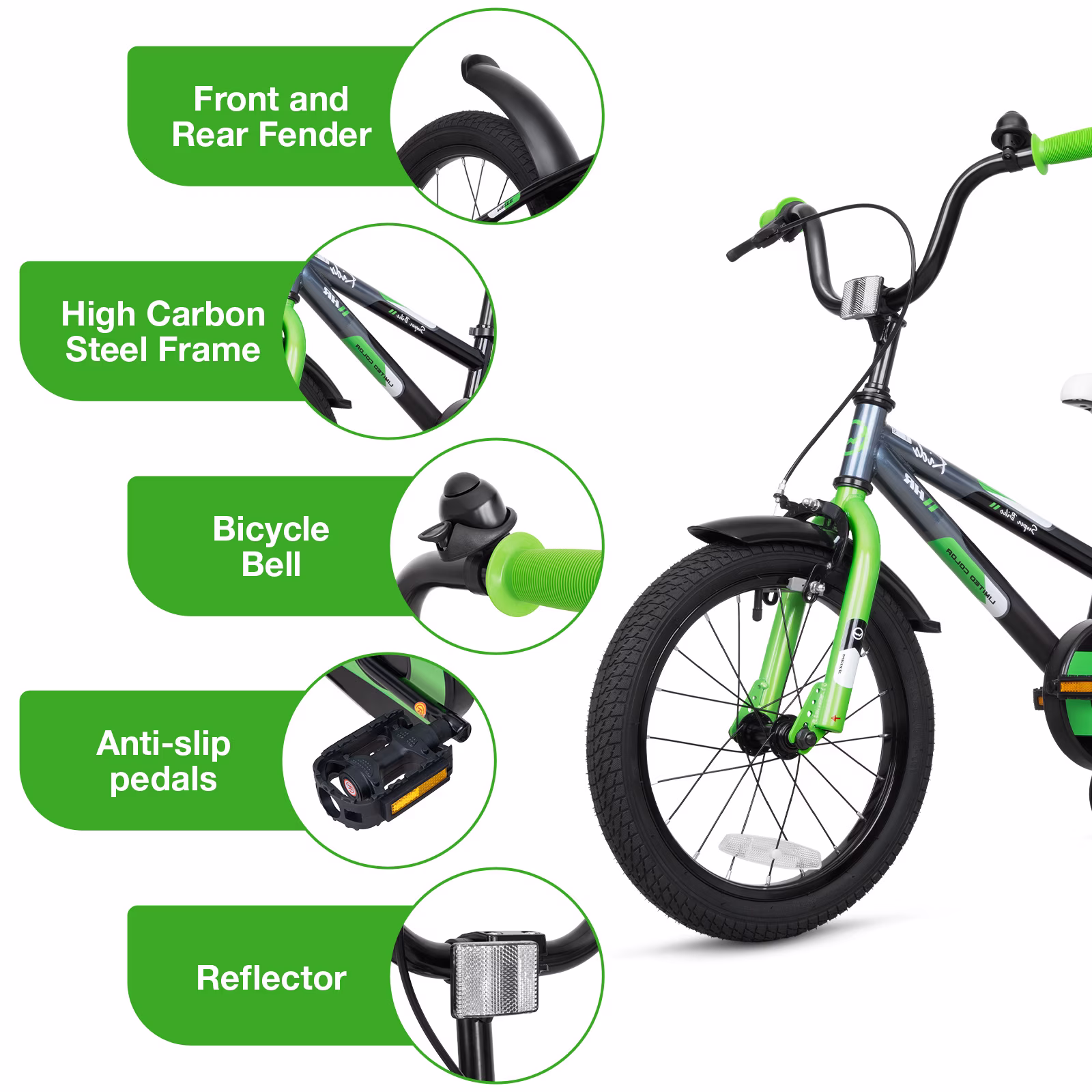 Hykolity Kids Bike, 16 Inch Children Bicycle for Boys & Girls Ages 4-6 Years Old, Rider Height 38-48 Inch, Sport Bike BMX Freestyle Handlebar Black Green - Image 5
