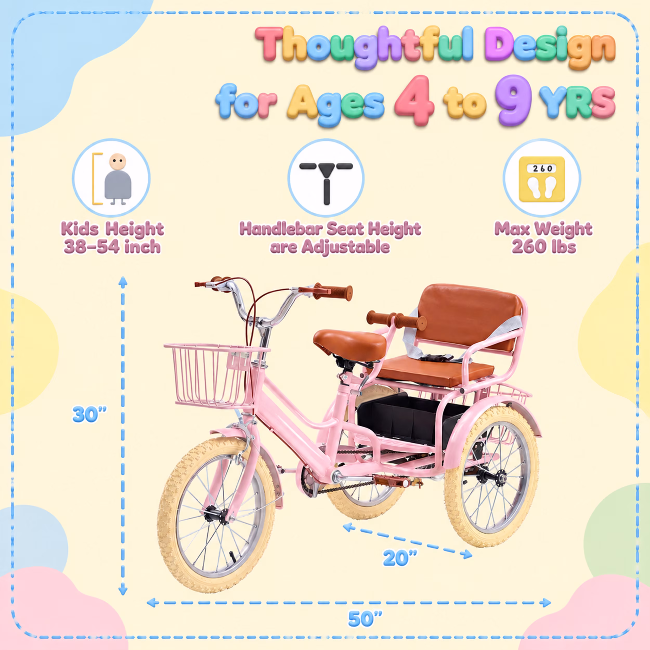 ICEELF 16-Inch Kids Tricycle for Ages 4-9, Height-Adjustable Dual-Seat Trike with 3 Storage Baskets and Dual Hand Brakes - Image 3