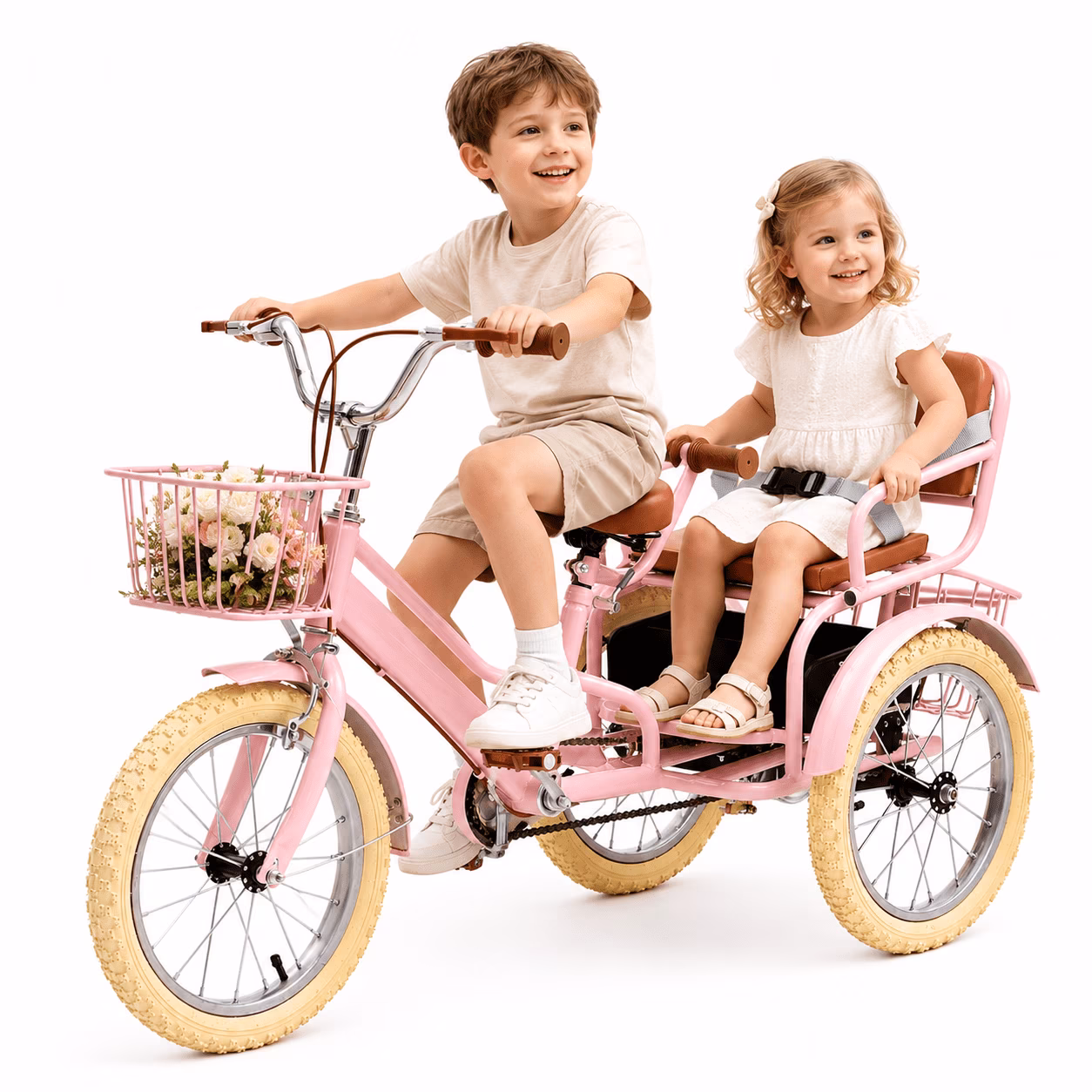 ICEELF 16-Inch Kids Tricycle for Ages 4-9, Height-Adjustable Dual-Seat Trike with 3 Storage Baskets and Dual Hand Brakes - Image 4