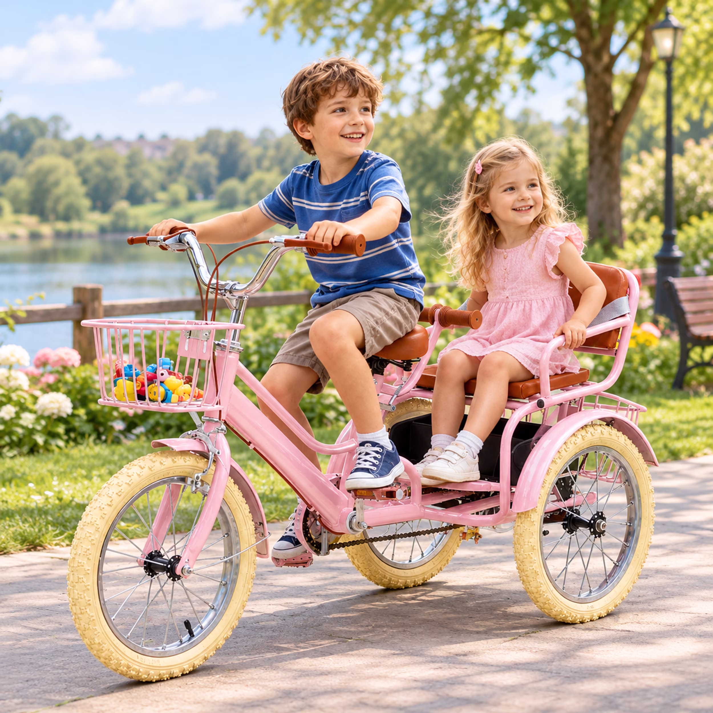 ICEELF 16-Inch Kids Tricycle for Ages 4-9, Height-Adjustable Dual-Seat Trike with 3 Storage Baskets and Dual Hand Brakes - Image 2