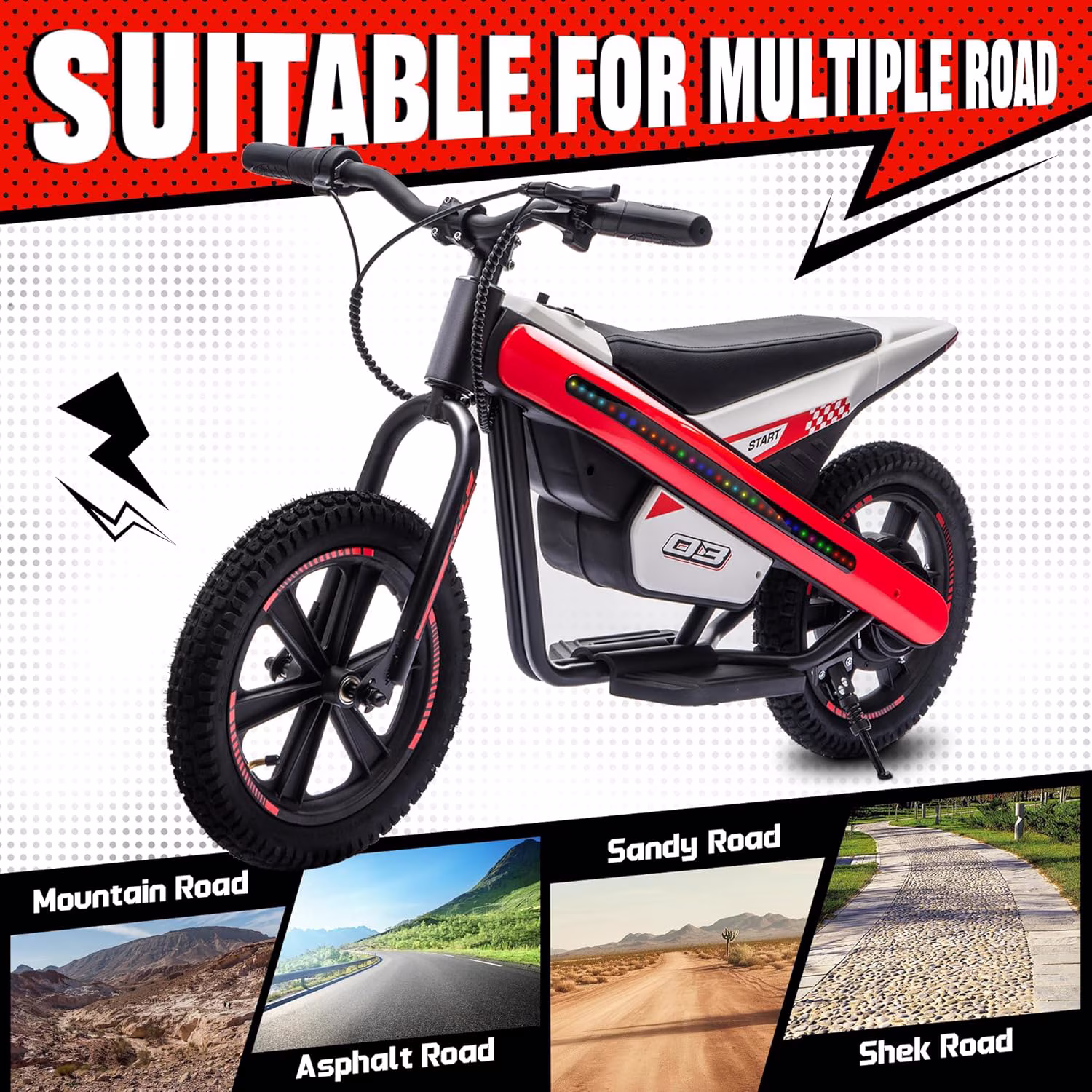 ICEELF 24V 300W Kids Electric Bike, Electric Dirt Bike with Flashing LED Lights, 2 Speed Settings, Music Function, for Boys Girls Ages 6+,Red - Image 3