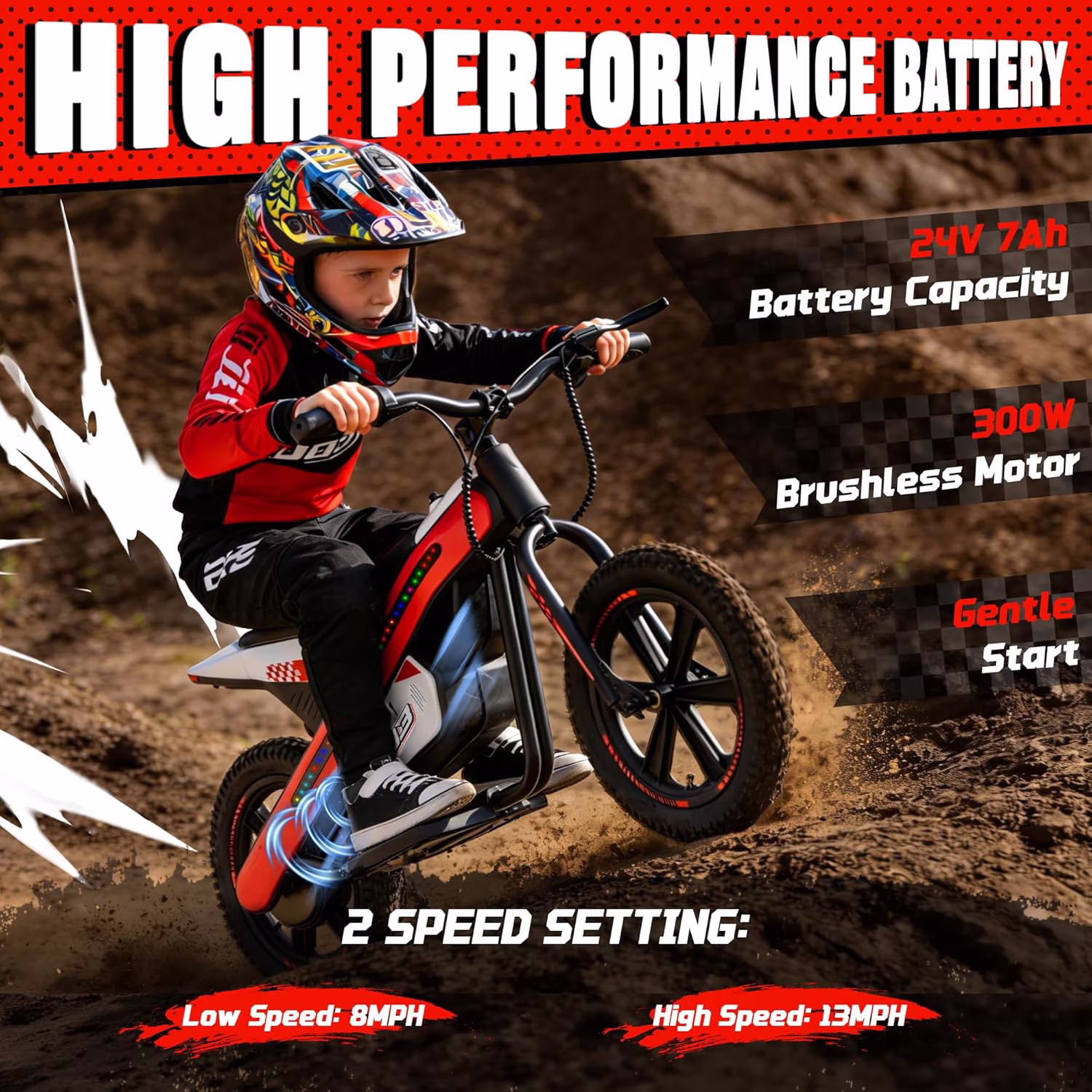 ICEELF 24V 300W Kids Electric Bike, Electric Dirt Bike with Flashing LED Lights, 2 Speed Settings, Music Function, for Boys Girls Ages 6+,Red - Image 4
