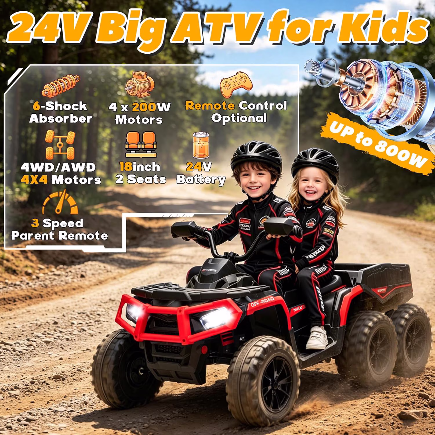 ICEELF 24V Kids ATV 4 Wheeler Ride On Toy, 4x200W Motors, 2-Seater with 19" Seat, EVA Tires, Remote Control, Music Function, LED Lights & Rear Storage Basket, Red - Image 5