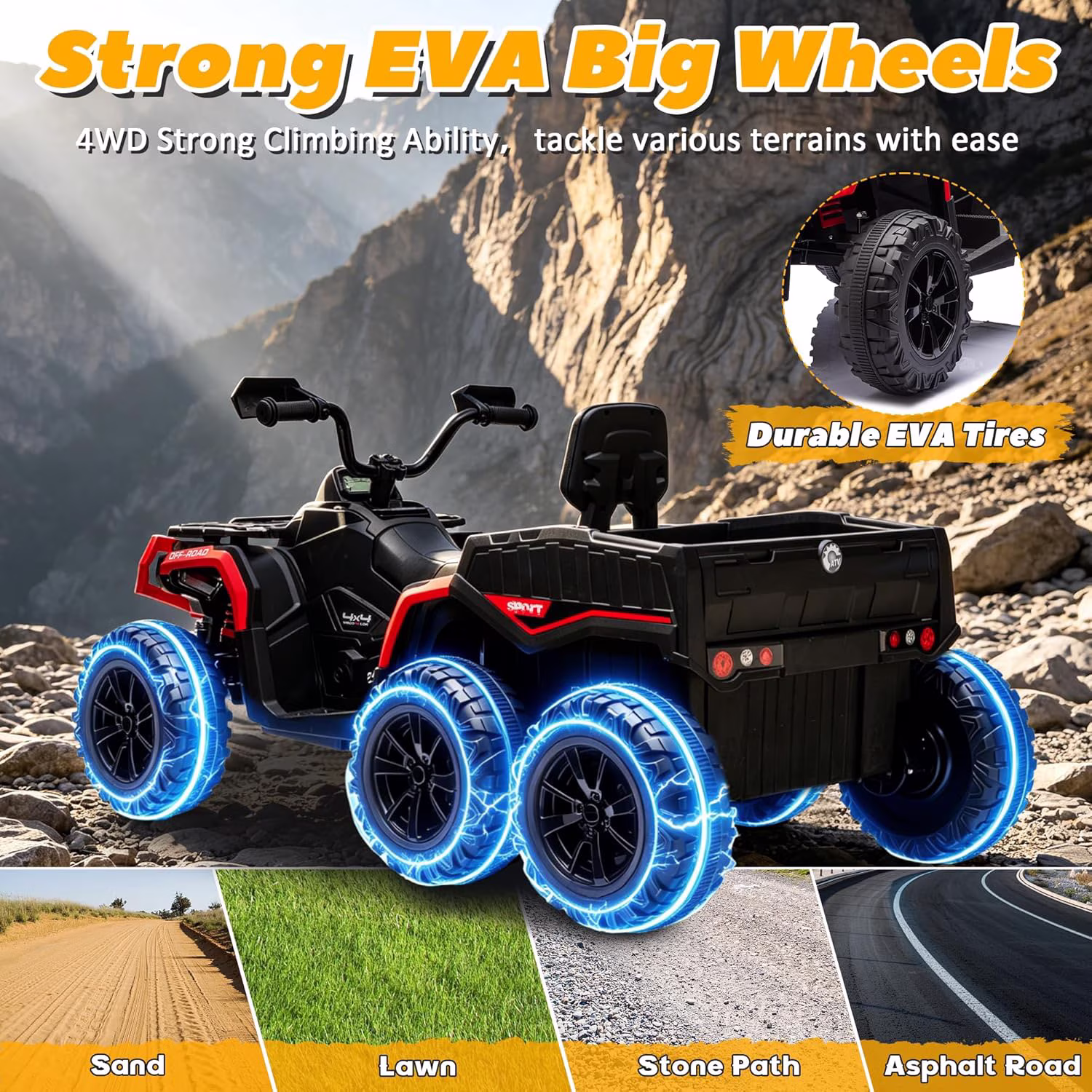 ICEELF 24V Kids ATV 4 Wheeler Ride On Toy, 4x200W Motors, 2-Seater with 19" Seat, EVA Tires, Remote Control, Music Function, LED Lights & Rear Storage Basket, Red - Image 4