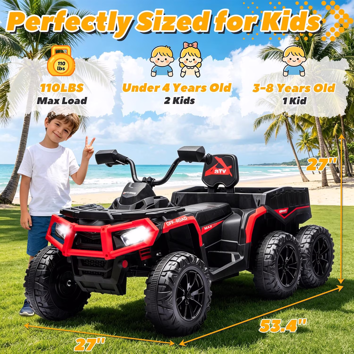 ICEELF 24V Kids ATV 4 Wheeler Ride On Toy, 4x200W Motors, 2-Seater with 19" Seat, EVA Tires, Remote Control, Music Function, LED Lights & Rear Storage Basket, Red - Image 2