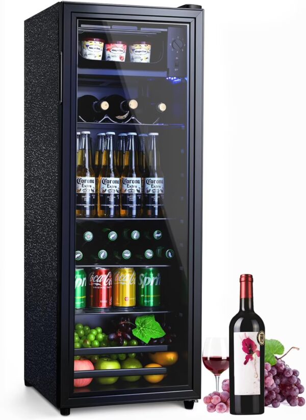 ICYBER BOOM 4.8 Cu.Ft Beverage Refrigerator, 155 Can Mini Drink Fridge with 0.3 Cu.Ft Freezer Compartment, Quiet 42dB Compressor, LED Light & Adjustable Glass Shelves, Glass Door Cooler for Home Offi