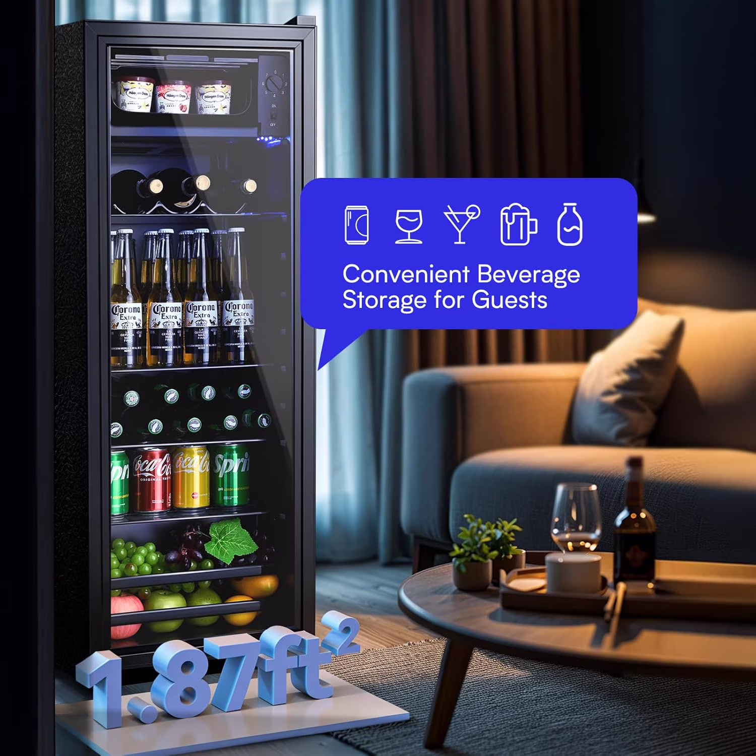 ICYBER BOOM 4.8 Cu.Ft Beverage Refrigerator, 155 Can Mini Drink Fridge with 0.3 Cu.Ft Freezer Compartment, Quiet 42dB Compressor, LED Light & Adjustable Glass Shelves, Glass Door Cooler for Home Offi - Image 4