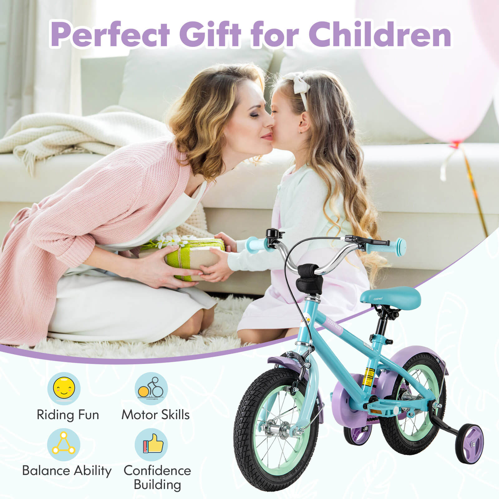 Infans 12" Kids Bike w/Adjustable Saddle Handlebar Removable Training Wheels Handbrake - Image 3