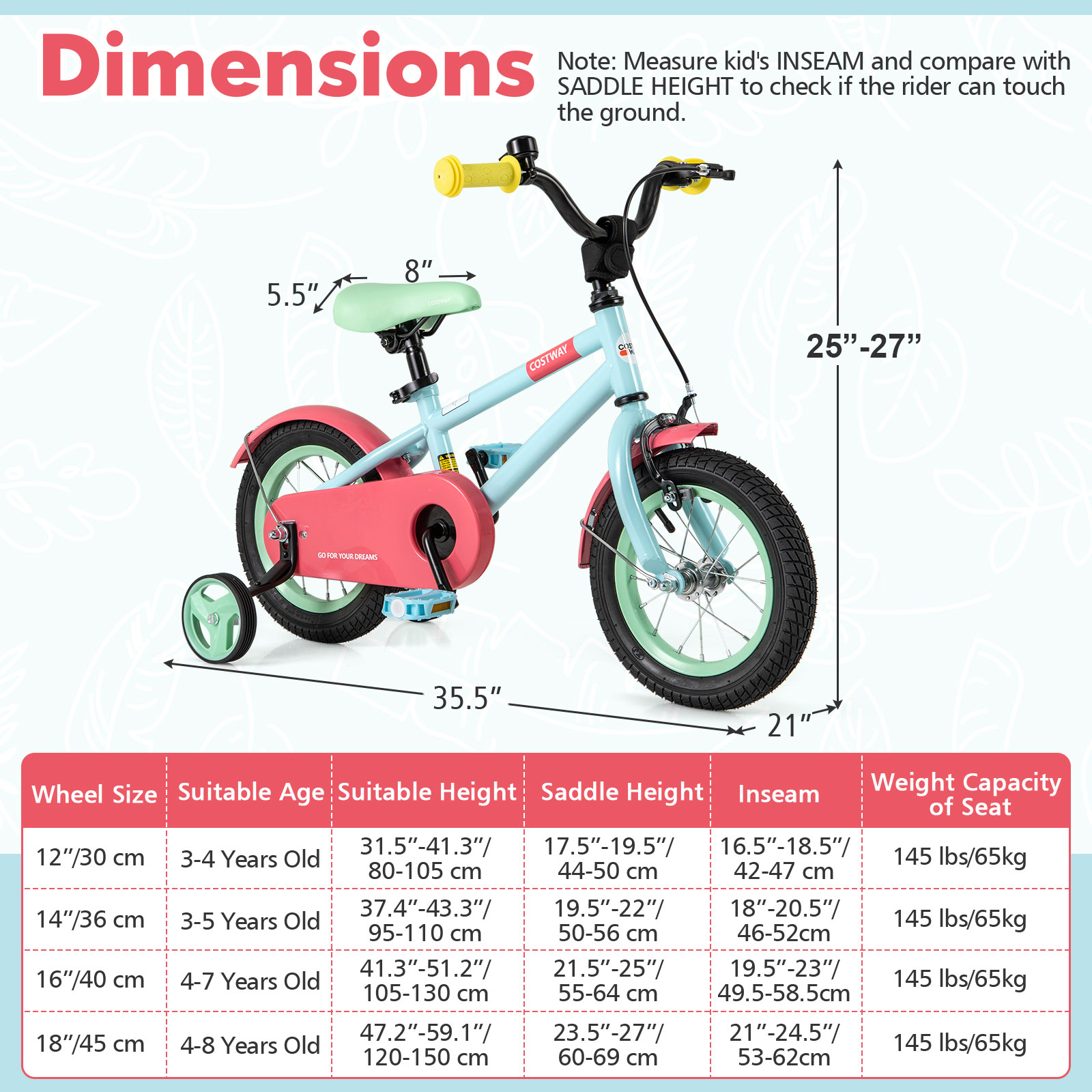 Infans 12" Kids Bike w/Adjustable Saddle Handlebar Removable Training Wheels Handbrake - Image 5