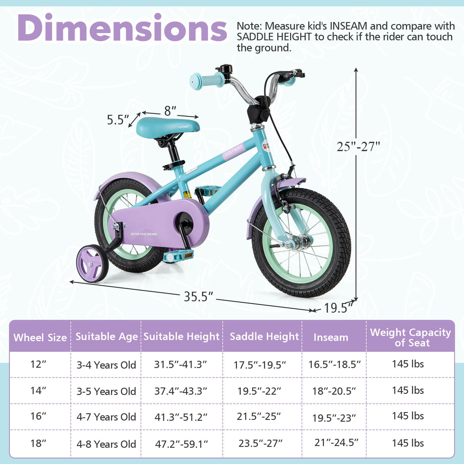 Infans 12" Kids Bike w/Adjustable Saddle Handlebar Removable Training Wheels Handbrake - Image 5