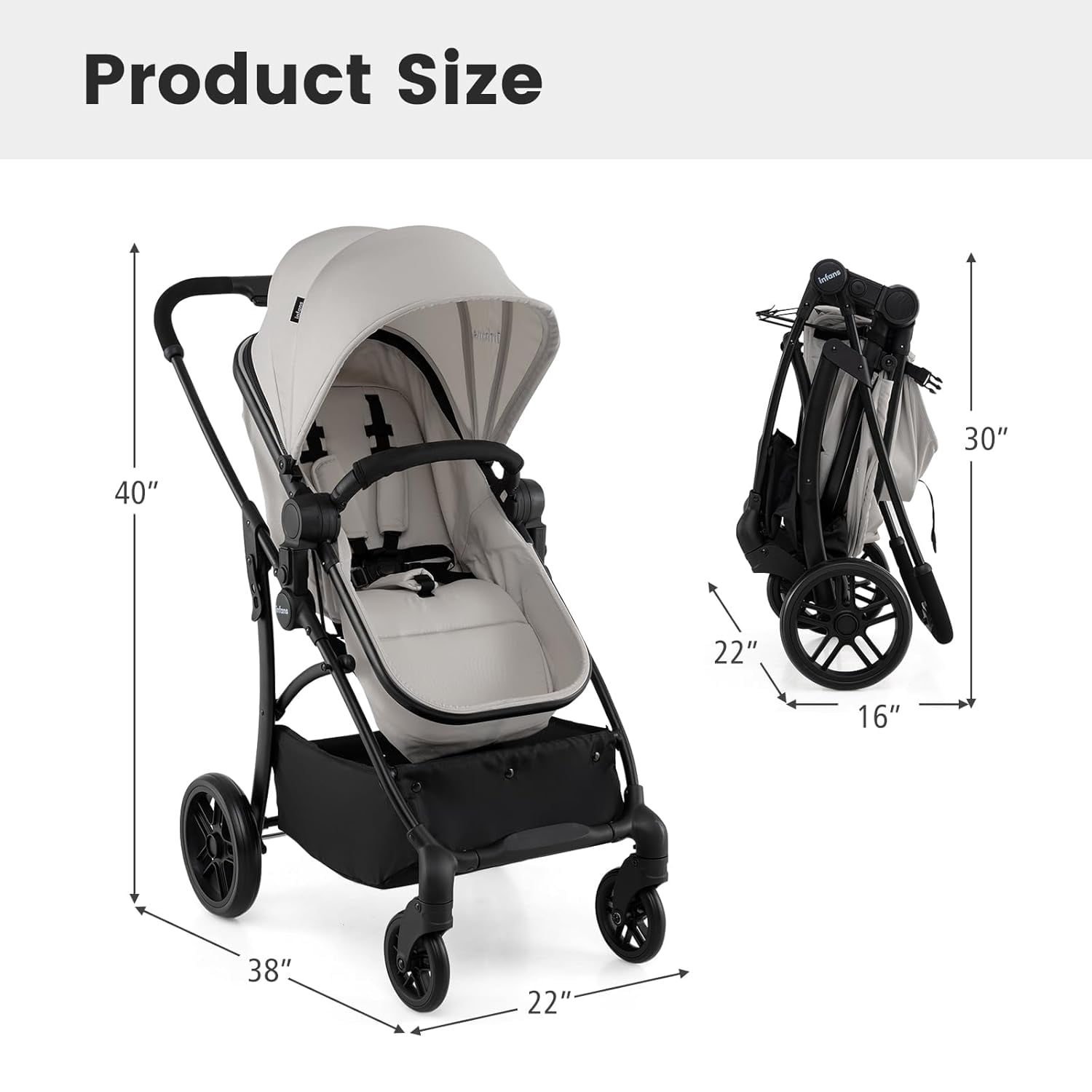 INFANS 2 in 1 Baby Stroller, Convertible Stroller with Bassinet Reversible Seat Adjustable Backrest Canopy One Hand Fold, Compact Toddler Pushchair for Kids Infants Newborns 0-36 Months - Image 5