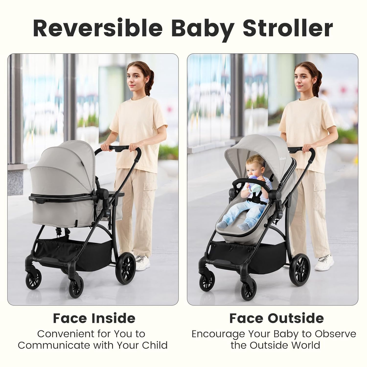 INFANS 2 in 1 Baby Stroller, Convertible Stroller with Bassinet Reversible Seat Adjustable Backrest Canopy One Hand Fold, Compact Toddler Pushchair for Kids Infants Newborns 0-36 Months - Image 2