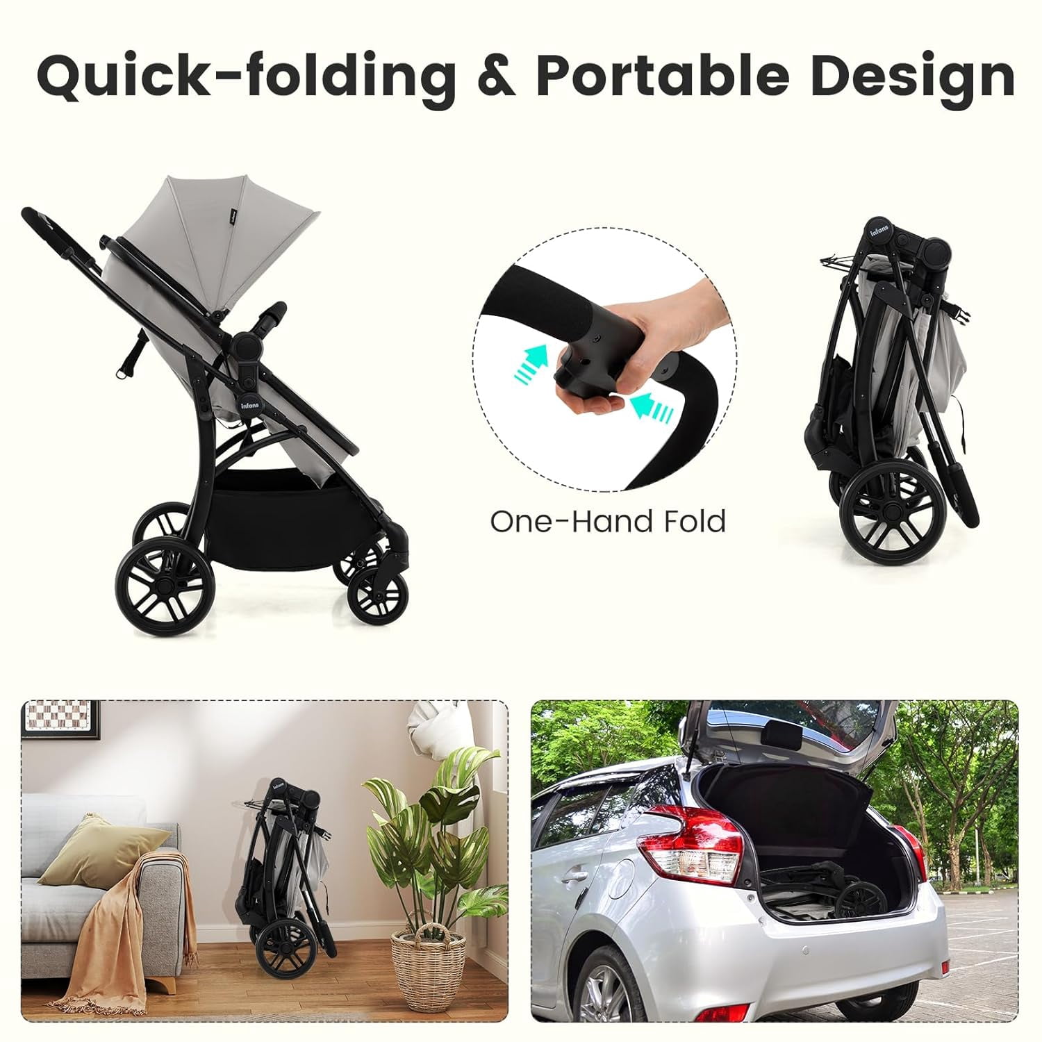 INFANS 2 in 1 Baby Stroller, Convertible Stroller with Bassinet Reversible Seat Adjustable Backrest Canopy One Hand Fold, Compact Toddler Pushchair for Kids Infants Newborns 0-36 Months - Image 4