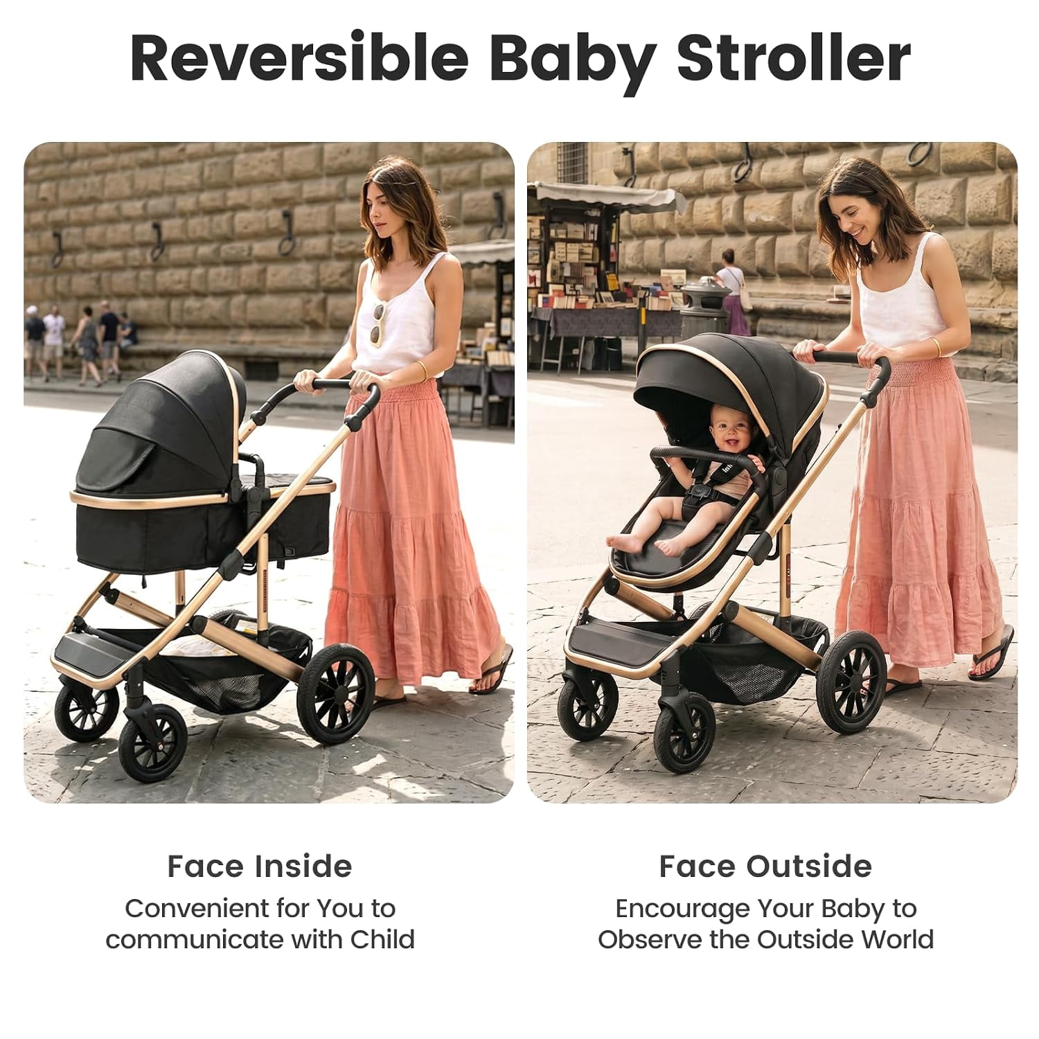 INFANS 2 in 1 Baby Stroller, Folding Newborn Pram Convertible Stroller Bassinet for Infant Foldable High Landscape Shock Absorption with Reversible Seat Aluminum Structure for Pushchair - Image 4