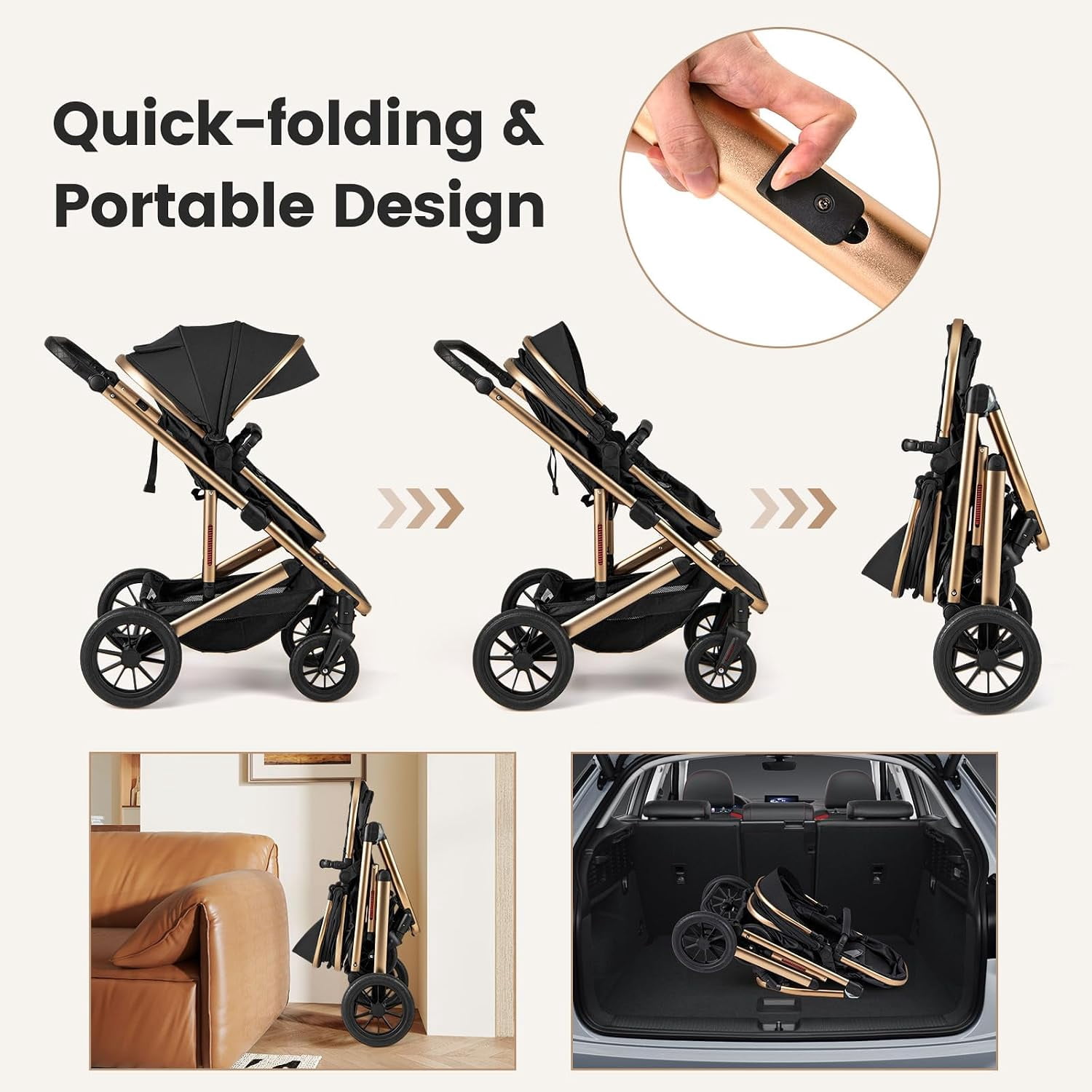 INFANS 2 in 1 Baby Stroller, Folding Newborn Pram Convertible Stroller Bassinet for Infant Foldable High Landscape Shock Absorption with Reversible Seat Aluminum Structure for Pushchair - Image 5