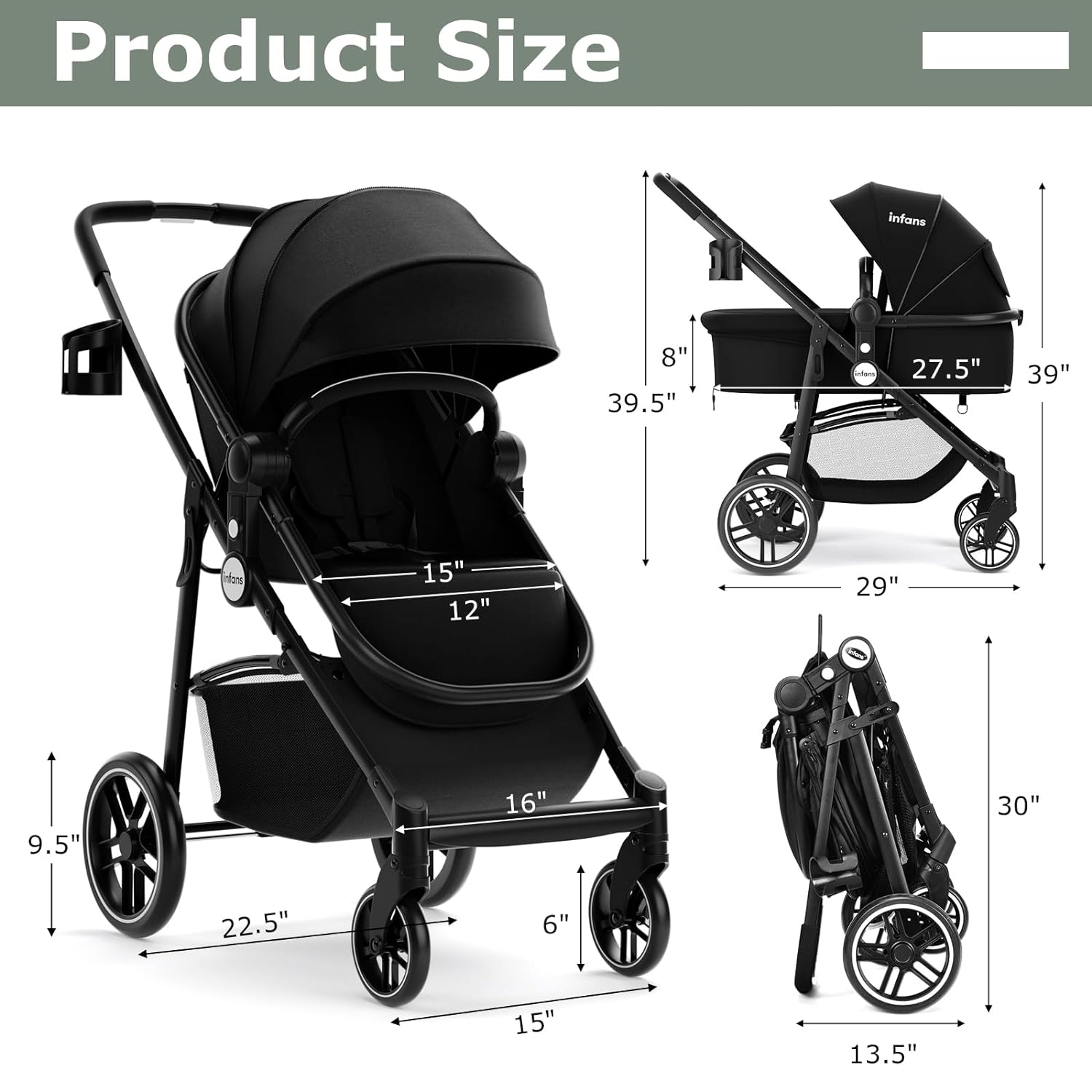 INFANS 2 in 1 Baby Stroller, High Landscape Infant Stroller, Foldable Pushchair with Adjustable Canopy, Cup Holder, Storage Basket, Suspension Wheels (Black) - Image 5