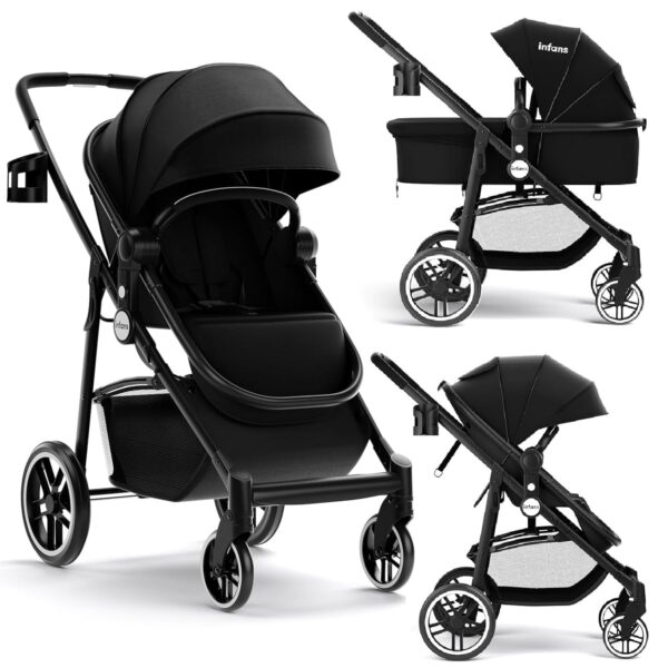INFANS 2 in 1 Baby Stroller, High Landscape Infant Stroller, Foldable Pushchair with Adjustable Canopy, Cup Holder, Storage Basket, Suspension Wheels (Black)