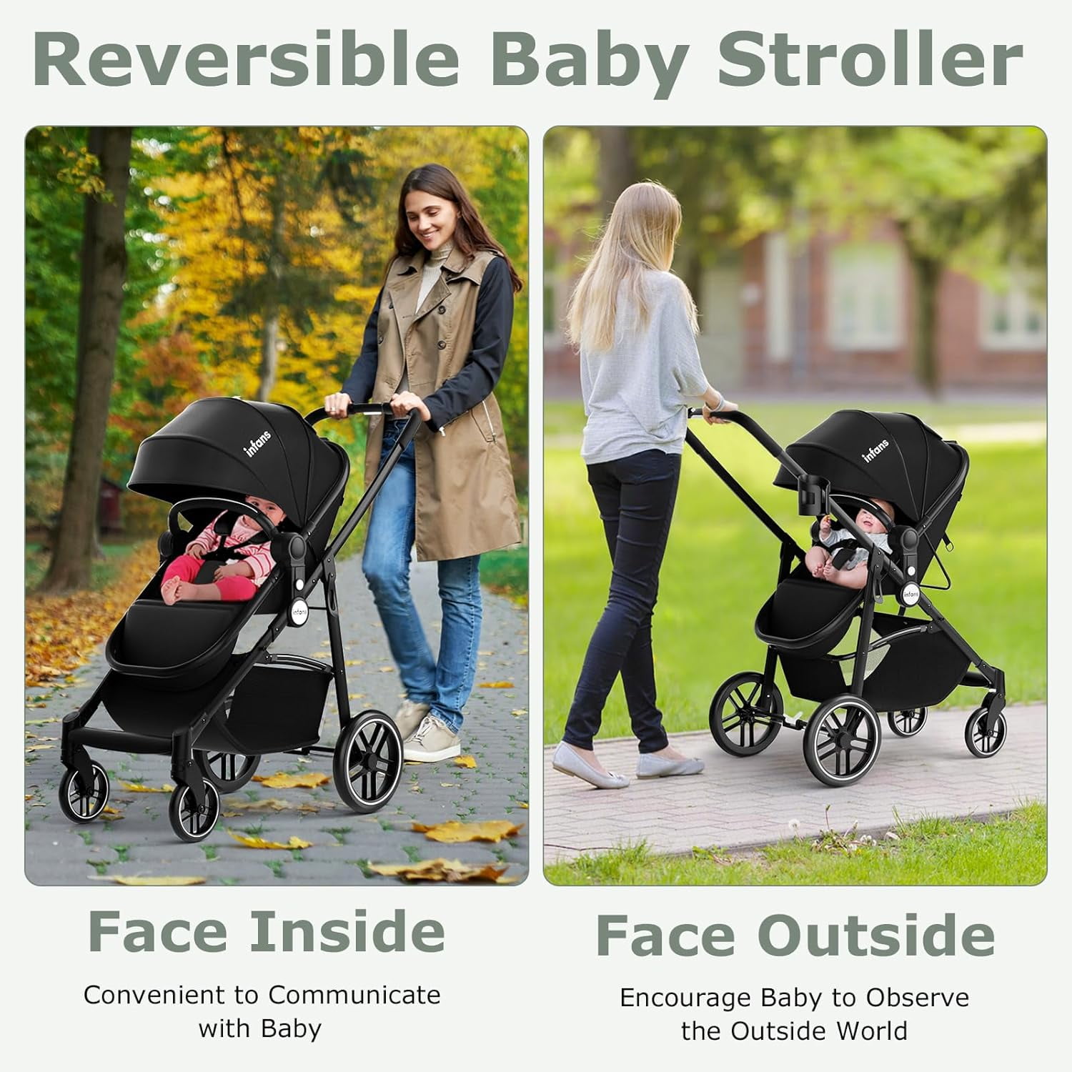 INFANS 2 in 1 Baby Stroller, High Landscape Infant Stroller, Foldable Pushchair with Adjustable Canopy, Cup Holder, Storage Basket, Suspension Wheels (Black) - Image 4