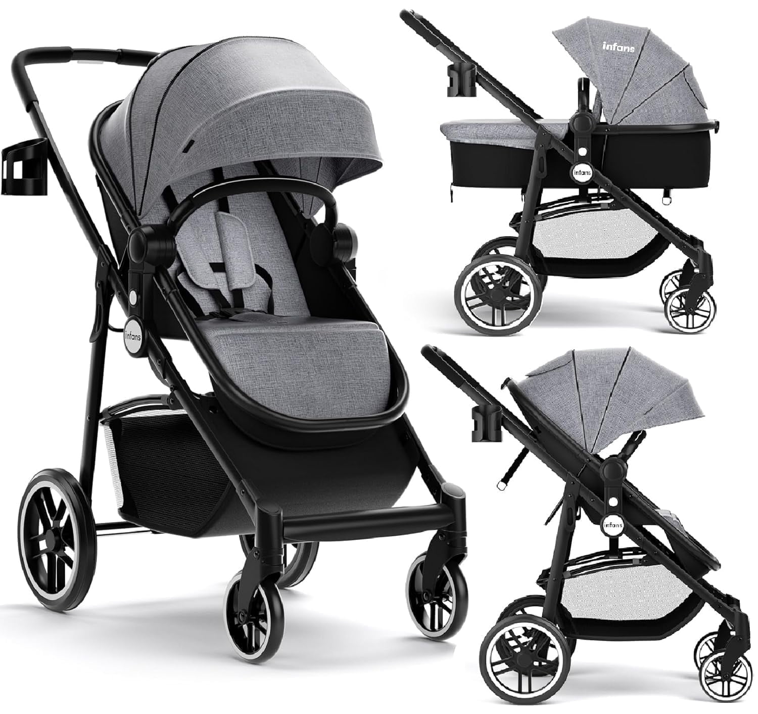 INFANS 2 in 1 Baby Stroller, High Landscape Infant Stroller, Foldable Pushchair with Adjustable Canopy, Cup Holder, Storage Basket, Suspension Wheels (Gray)