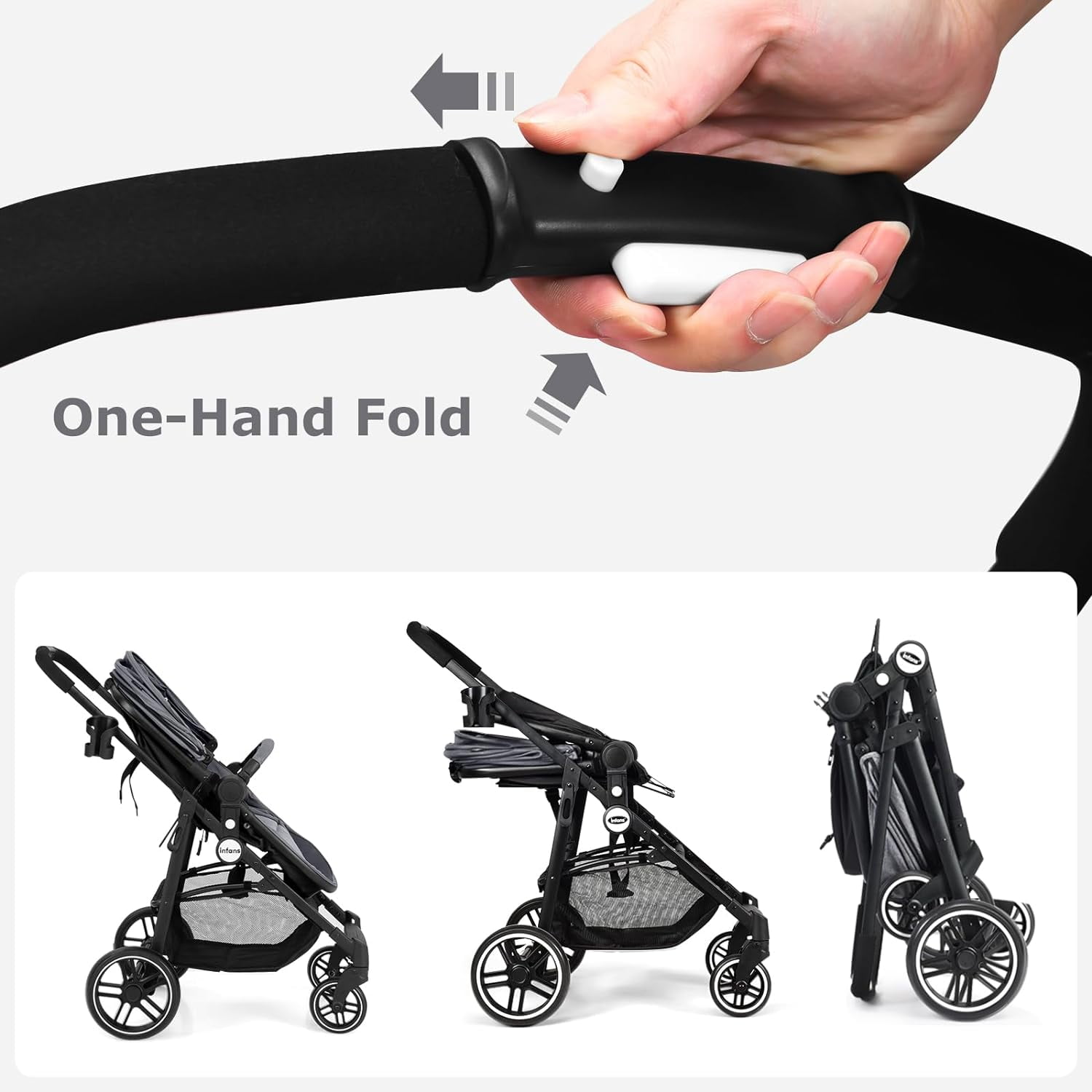 INFANS 2 in 1 Baby Stroller, High Landscape Infant Stroller, Foldable Pushchair with Adjustable Canopy, Cup Holder, Storage Basket, Suspension Wheels (Gray) - Image 4