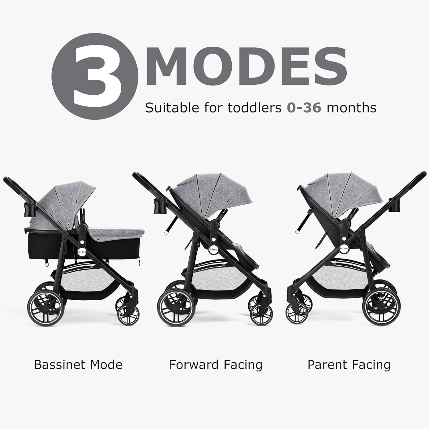 INFANS 2 in 1 Baby Stroller, High Landscape Infant Stroller, Foldable Pushchair with Adjustable Canopy, Cup Holder, Storage Basket, Suspension Wheels (Gray) - Image 2