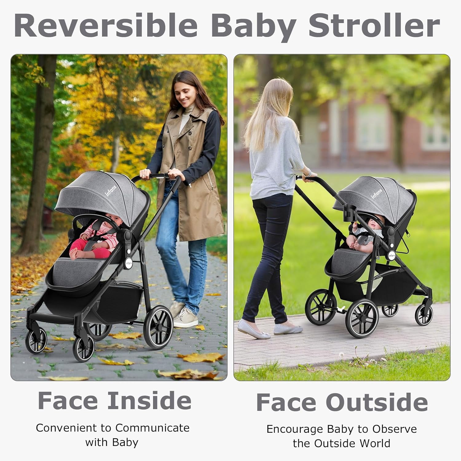 INFANS 2 in 1 Baby Stroller, High Landscape Infant Stroller, Foldable Pushchair with Adjustable Canopy, Cup Holder, Storage Basket, Suspension Wheels (Gray) - Image 5