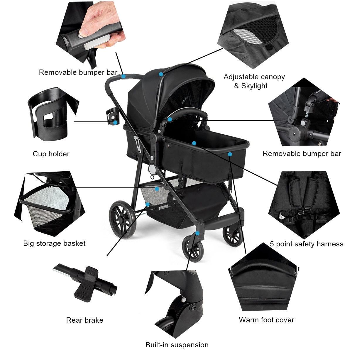 Infans 2 In 1 Foldable Baby Stroller Kids Travel Newborn Infant Buggy Pushchair Black - Image 5