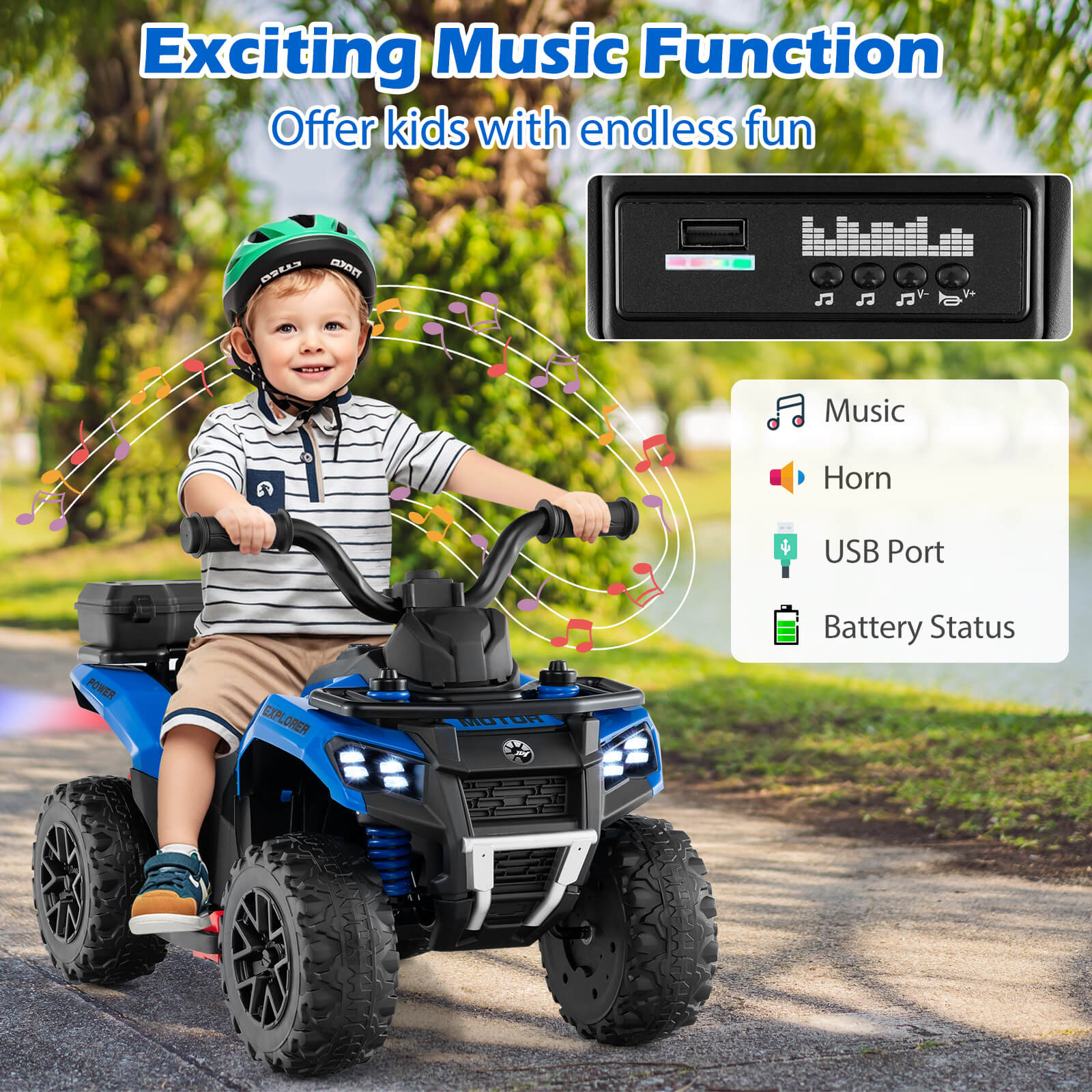 Infans 6V Kids Ride On ATV w/ Music & Spray Function USB Port Storage Box Toy Car - Image 4