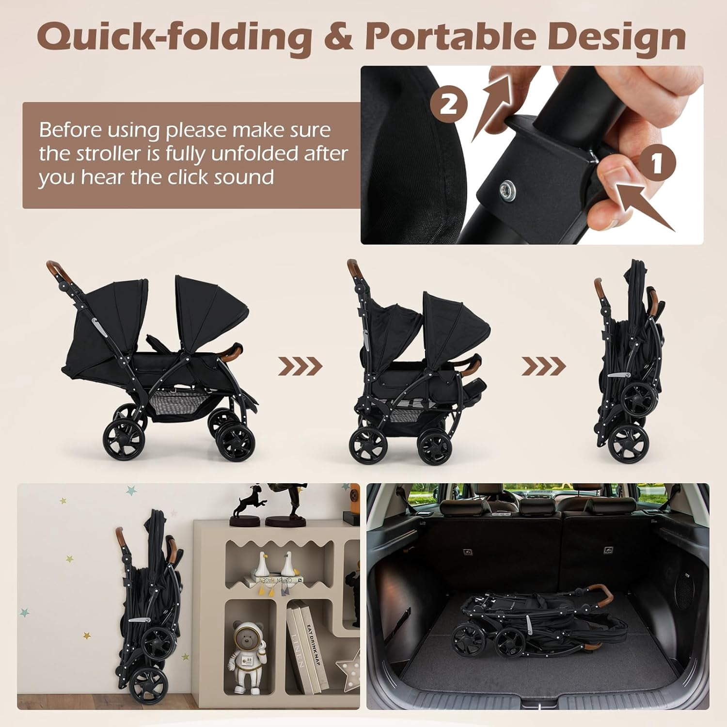 INFANS Double Stroller, Foldable Baby Tandem Stroller with Djustable Backrest Canopy Footrest, 5-Point Harness, Storage Basket, Convertible Compact Lightweight Twin Stroller for Infants and Toddlers - Image 4