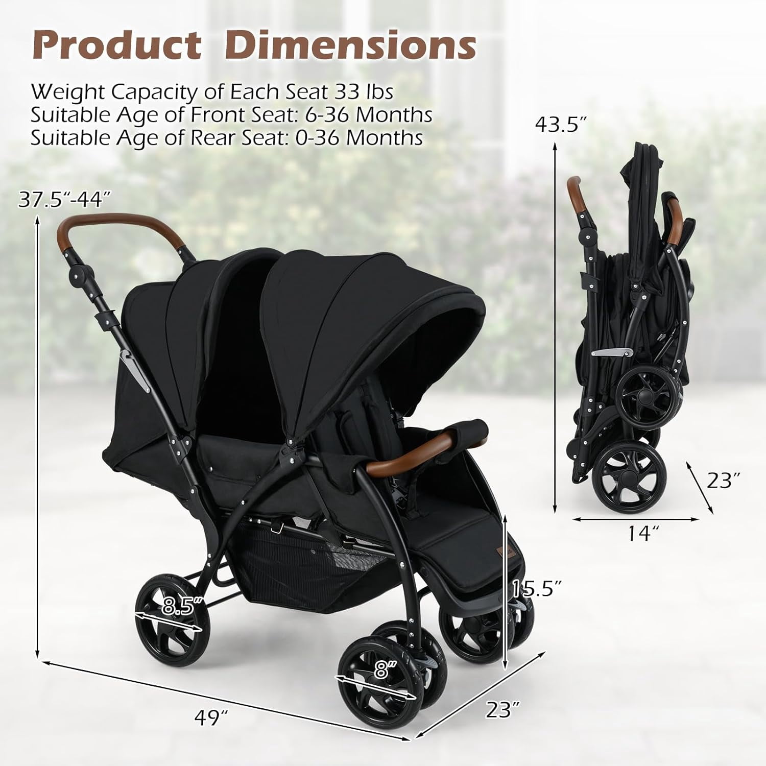 INFANS Double Stroller, Foldable Baby Tandem Stroller with Djustable Backrest Canopy Footrest, 5-Point Harness, Storage Basket, Convertible Compact Lightweight Twin Stroller for Infants and Toddlers - Image 2
