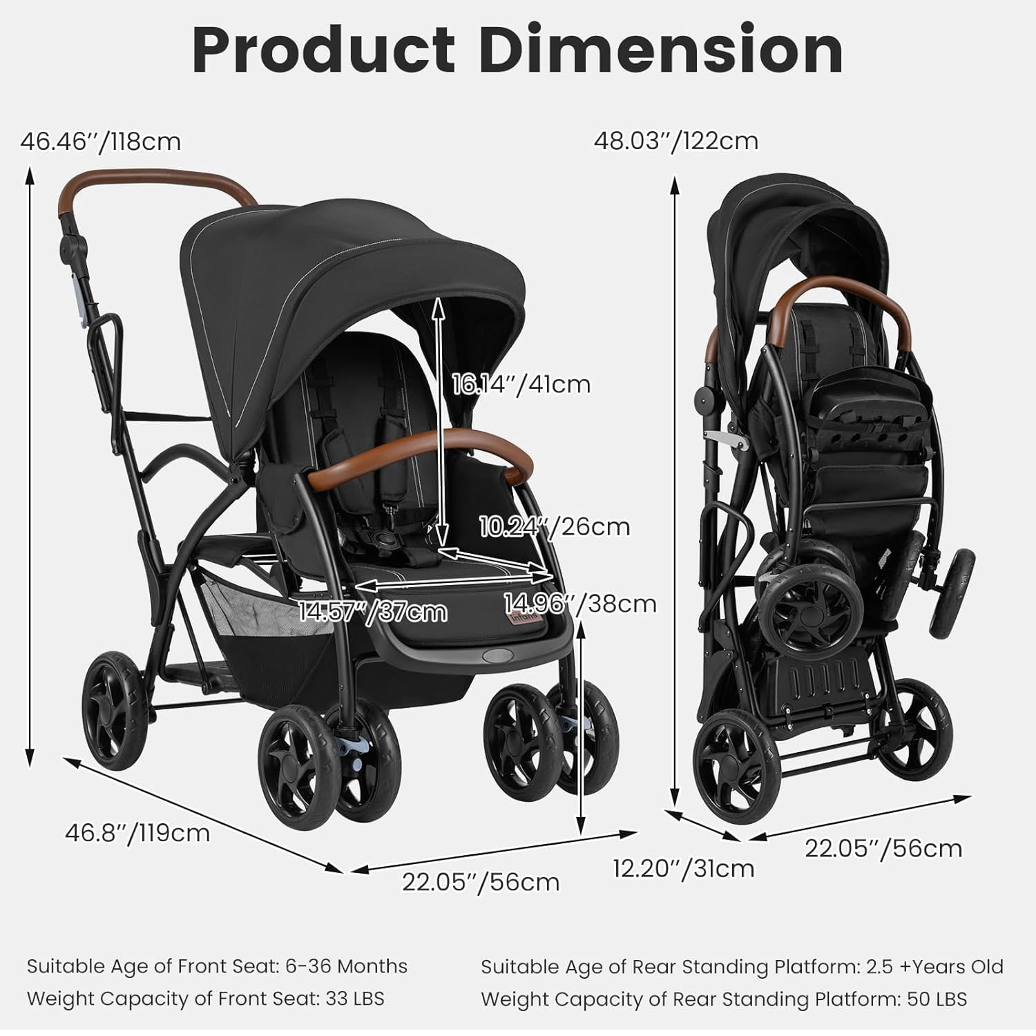 INFANS Double Stroller with Leather Handle, Front Seat 2-Position Recline, Rear Standing Board, 5-Point Harnesses, Dual Rear Brakes and Lockable Front Wheels, Baby Pushchair for Toddlers - Image 4