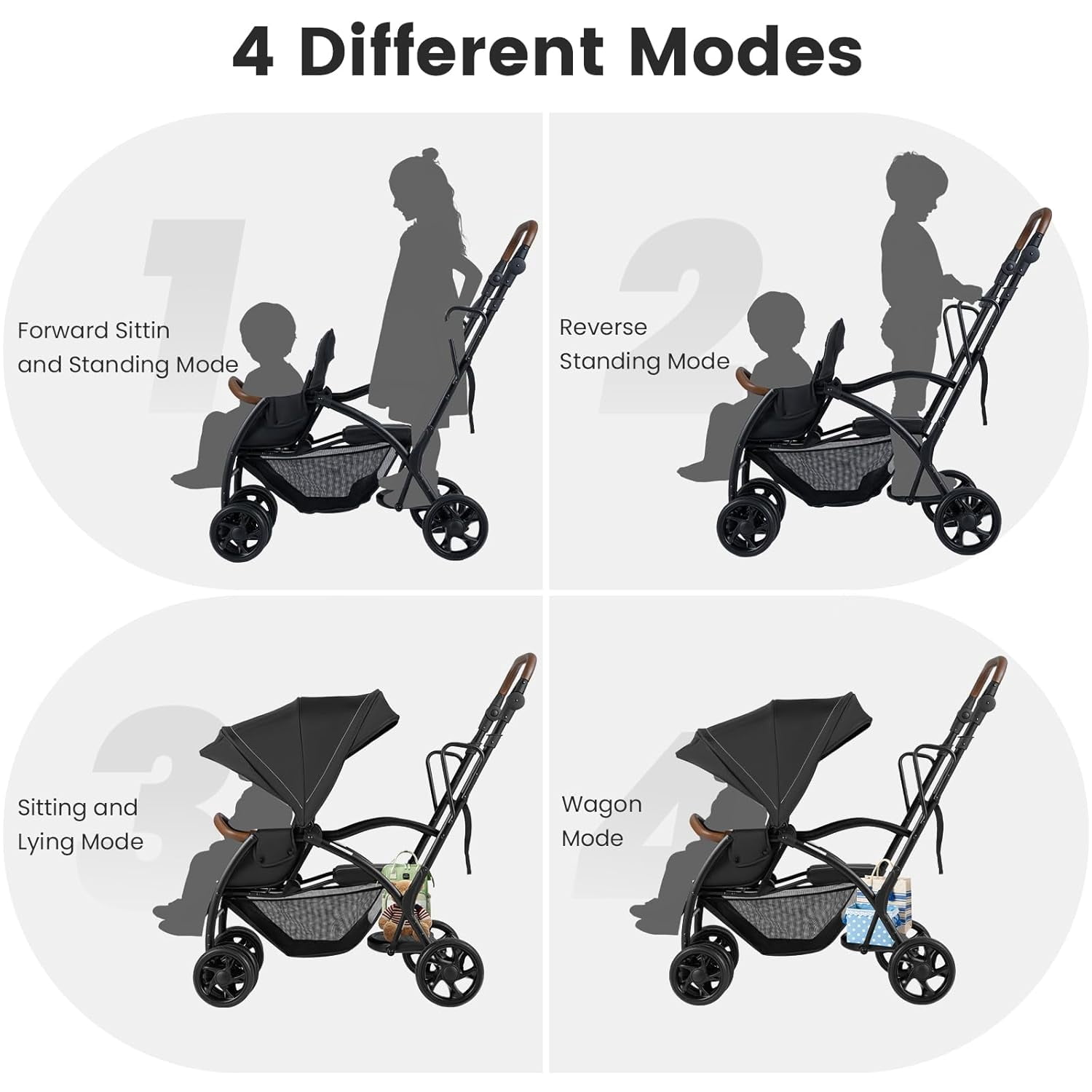 INFANS Double Stroller with Leather Handle, Front Seat 2-Position Recline, Rear Standing Board, 5-Point Harnesses, Dual Rear Brakes and Lockable Front Wheels, Baby Pushchair for Toddlers - Image 5
