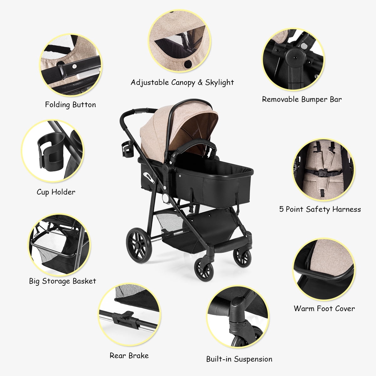 Infans Foldable Baby Stroller Kids Travel Newborn Infant Buggy Pushchair Coffee - Image 3