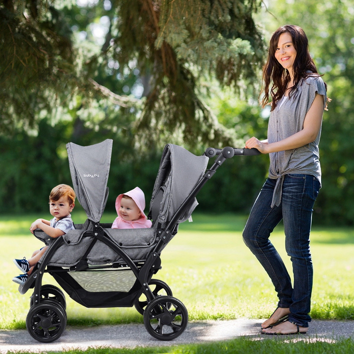Infans Foldable Double Baby Stroller Lightweight Front & Back Seats Pushchair Gray - Image 5