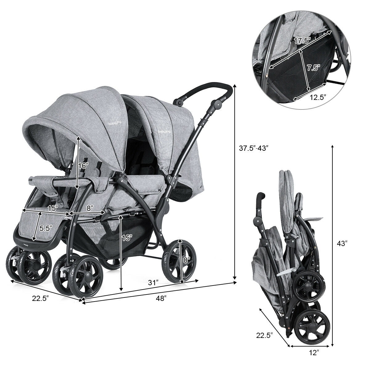 Infans Foldable Double Baby Stroller Lightweight Front & Back Seats Pushchair Gray - Image 4