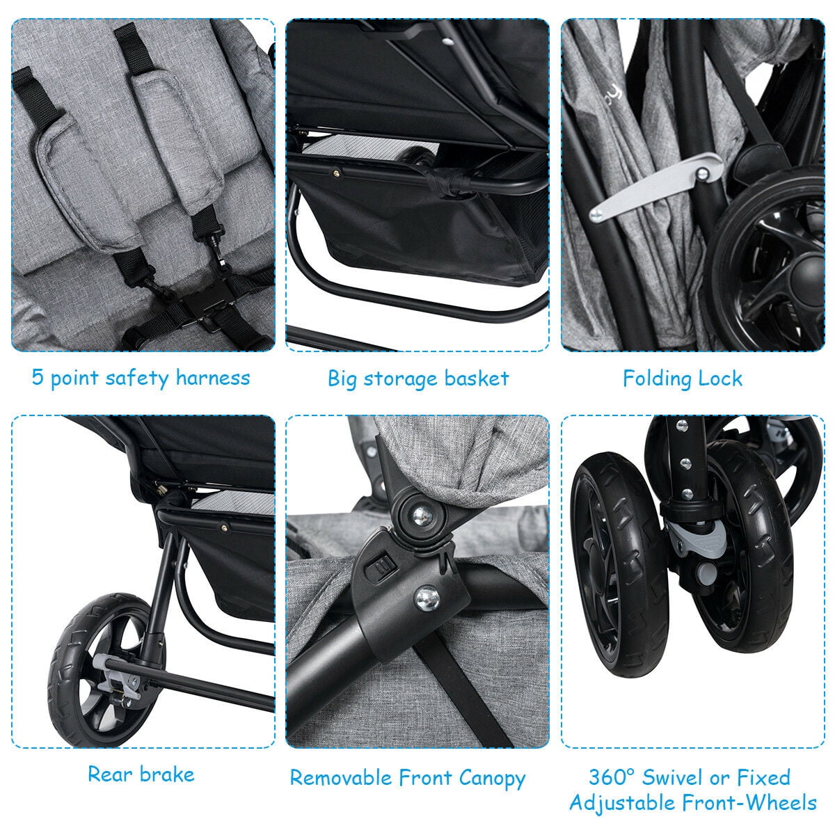 Infans Foldable Double Baby Stroller Lightweight Front & Back Seats Pushchair Gray - Image 2