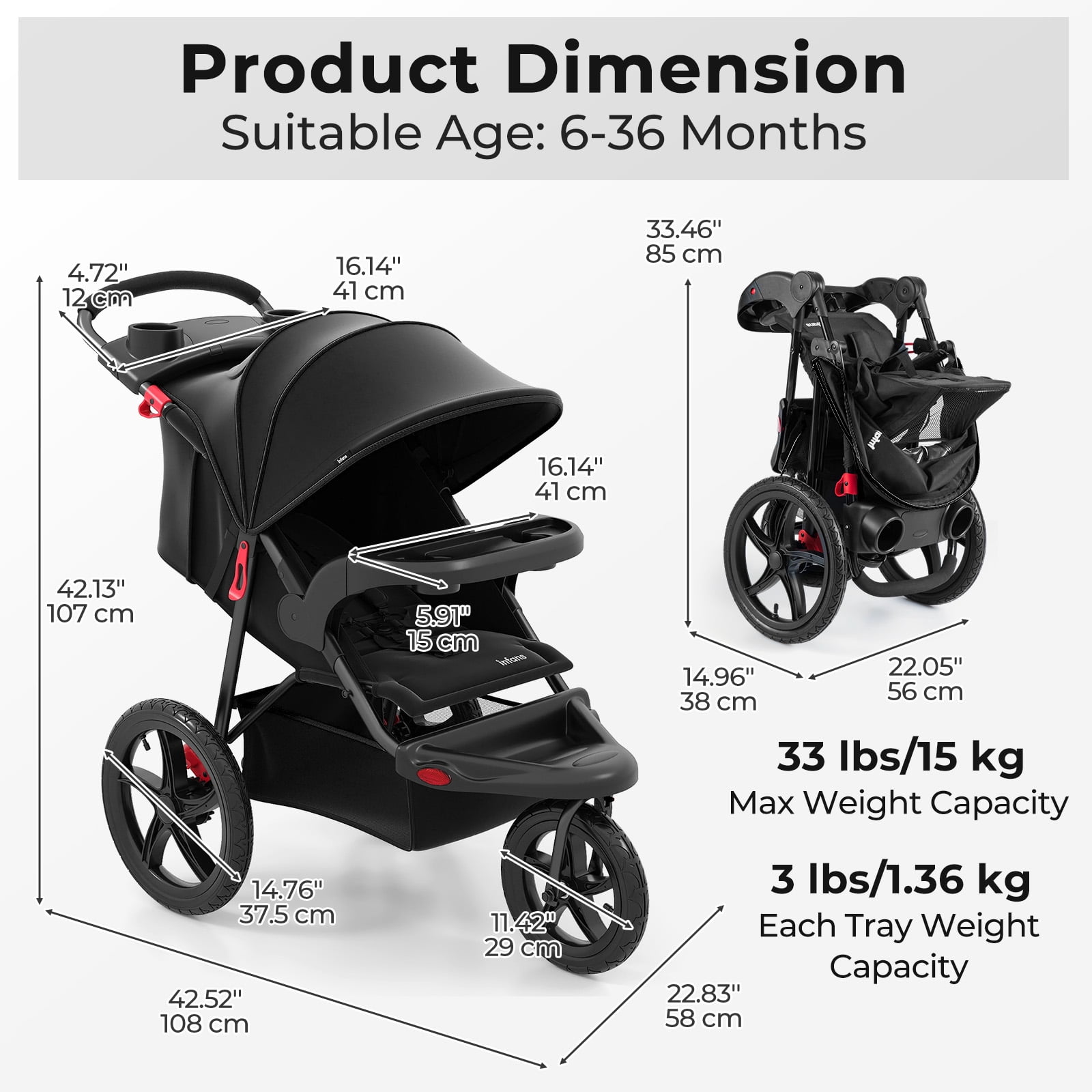 INFANS Jogging Stroller, Jogger Travel System with Shock Absorbing Suspension Dining Plate Cup Holder Adjustable Backrest, Lightweight Baby Strollers for Newborn - Image 5