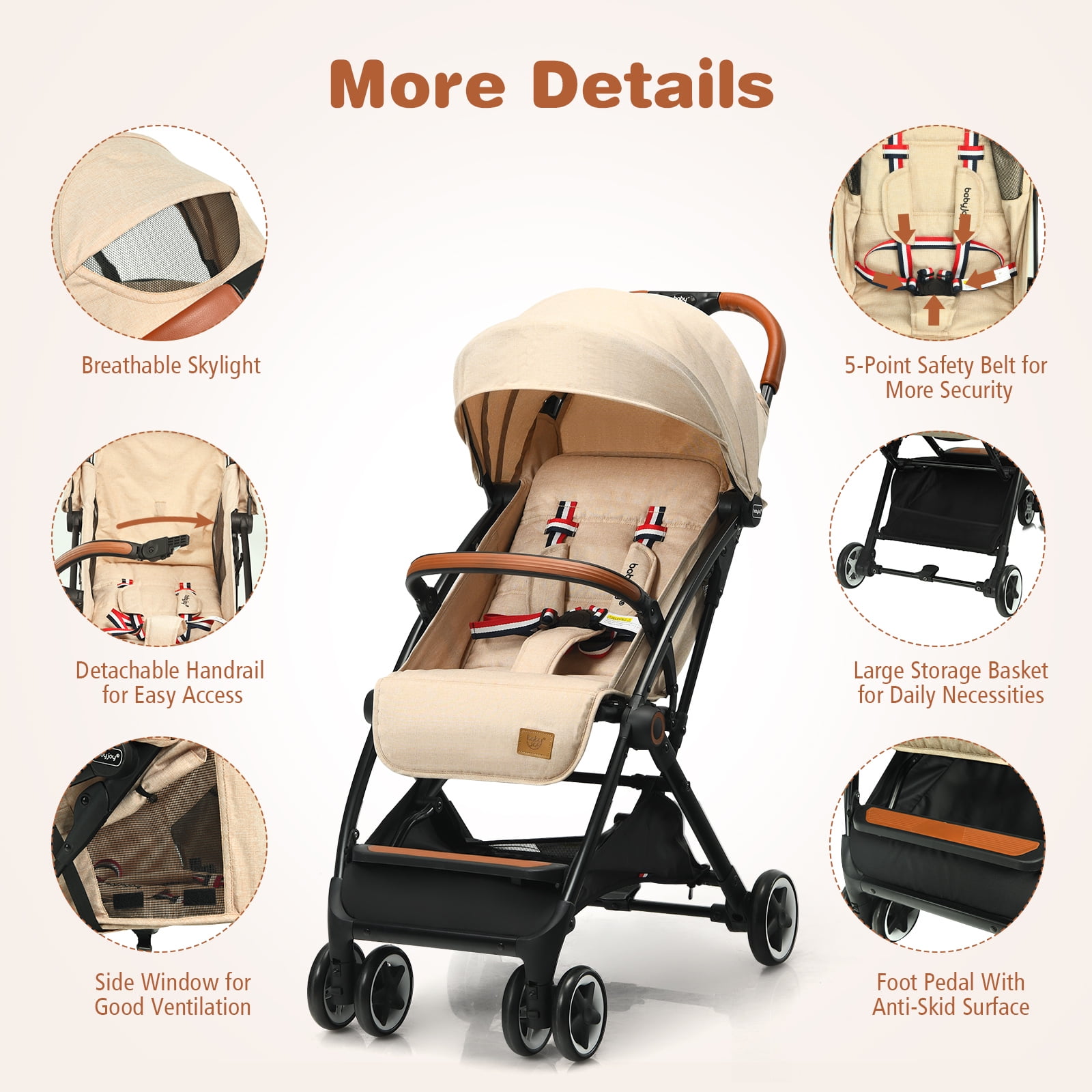 Infans Lightweight Baby Stroller Aluminium Frame w/ Net for Travel Beige - Image 3
