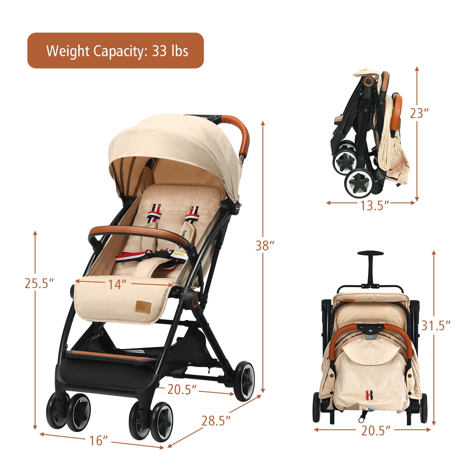 Infans Lightweight Baby Stroller Aluminium Frame w/ Net for Travel Beige - Image 5