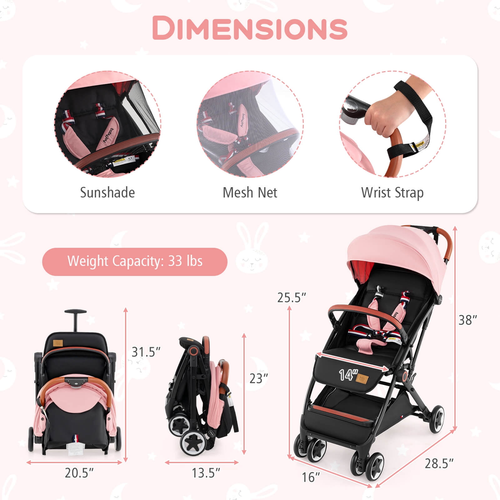 Infans Lightweight Baby Stroller Aluminium Frame w/ Net for Travel Pink - Image 3