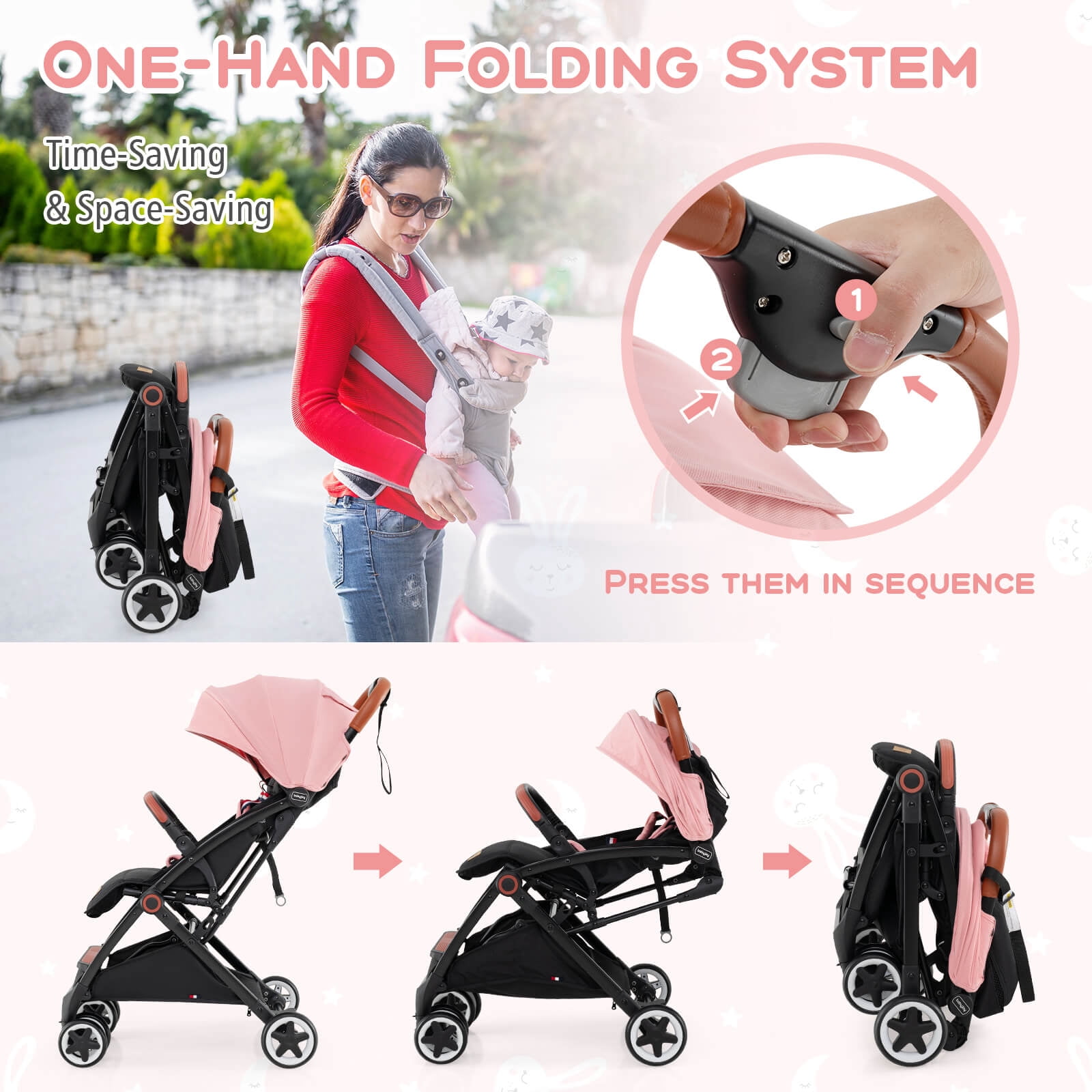 Infans Lightweight Baby Stroller Aluminium Frame w/ Net for Travel Pink - Image 5