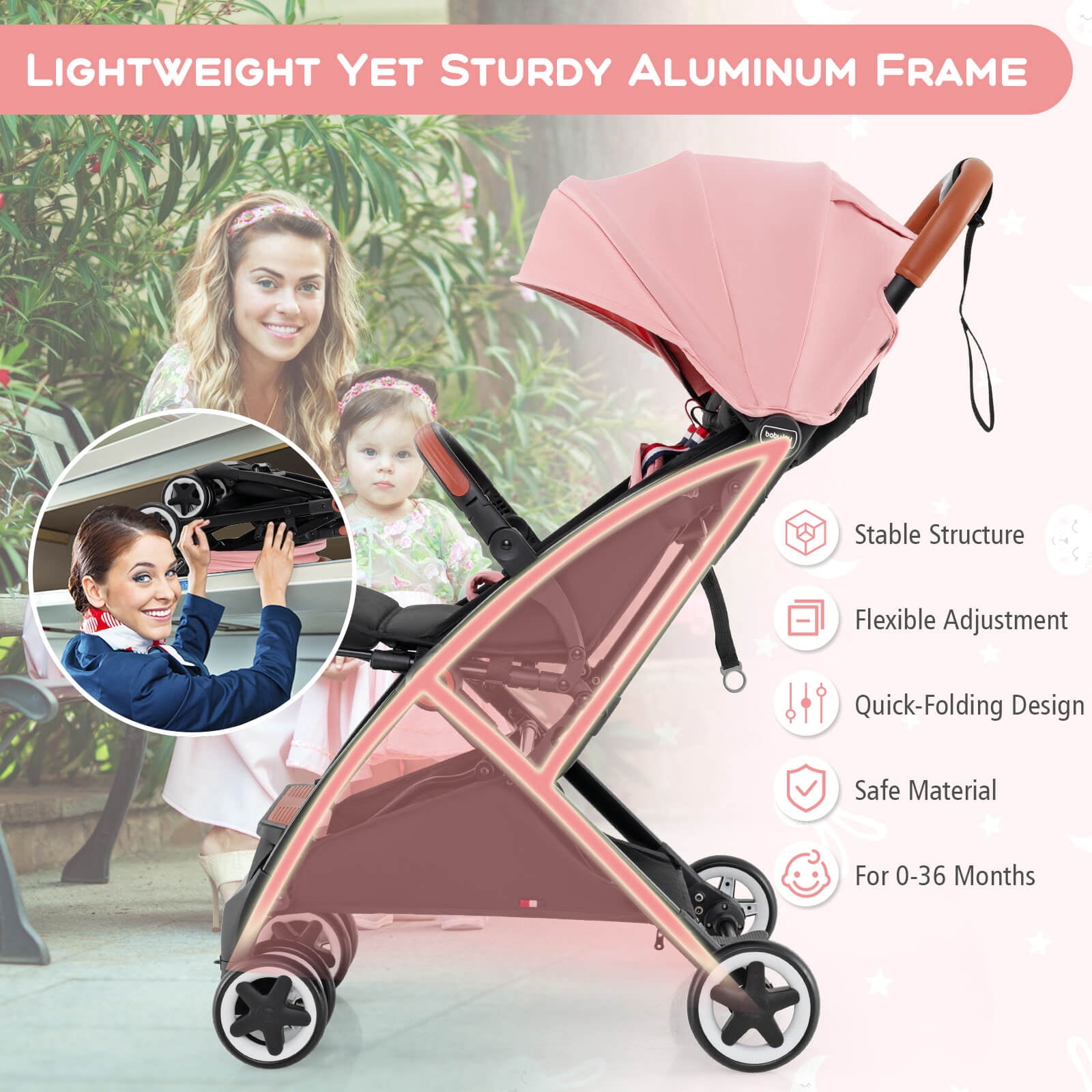 Infans Lightweight Baby Stroller Aluminium Frame w/ Net for Travel Pink - Image 2
