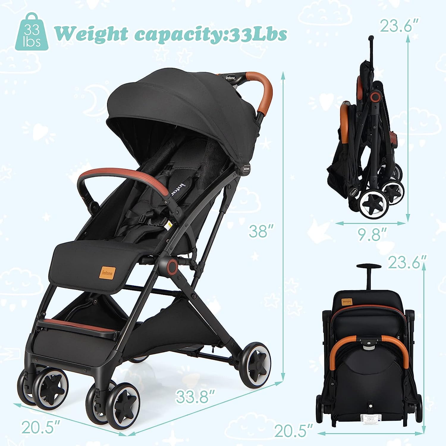 INFANS Lightweight Baby Stroller, Compact Stroller with One-Hand Fold, Travel Stroller for Airplane with Cup Holder, 5-Point Harness, Foot Cover, Canopy, Infant Stroller for 0-36 Month (Black) - Image 4